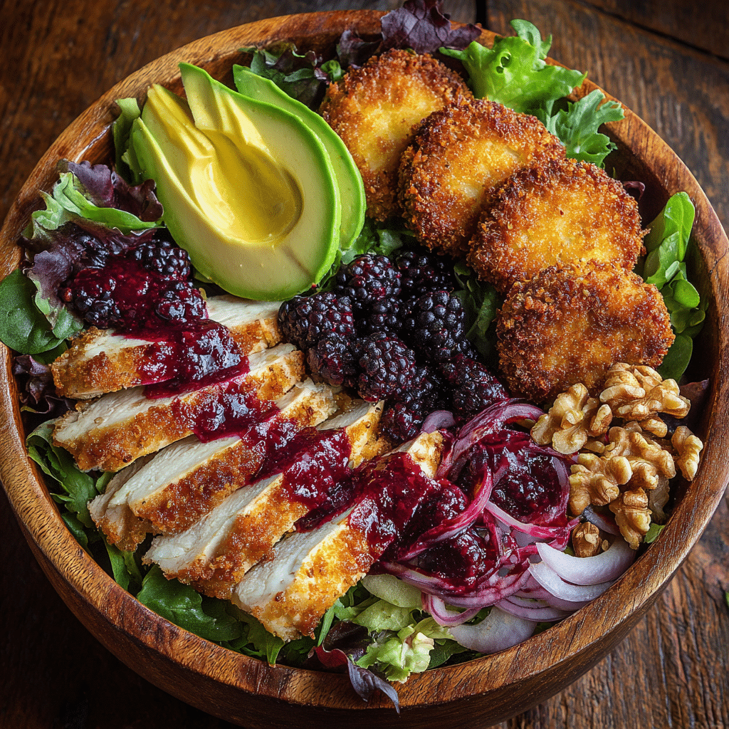 Blackberry Balsamic Grilled Chicken Salad with Crispy Fried Goat Cheese Recipe - Recipe Image