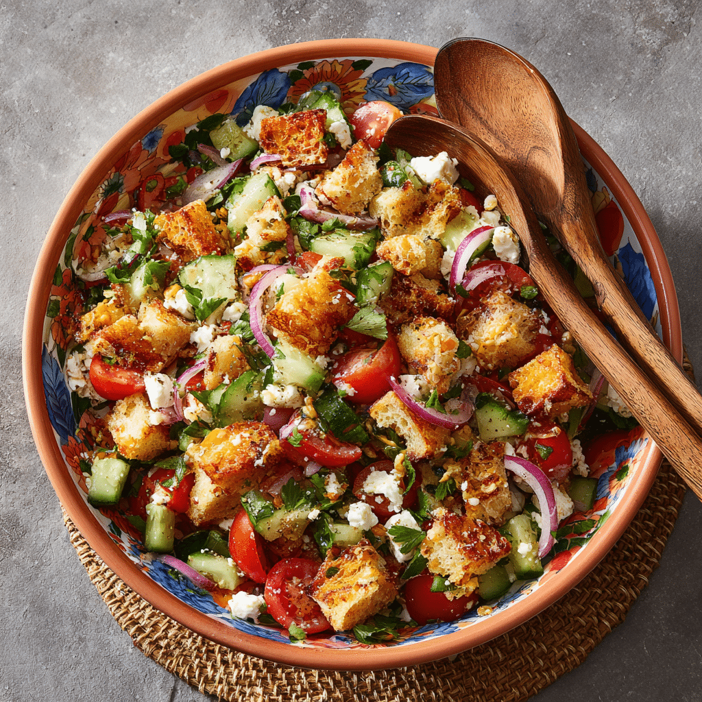 Easy Vegan Cucumber Tomato and Feta Salad with Croutons Recipe - Recipe Image
