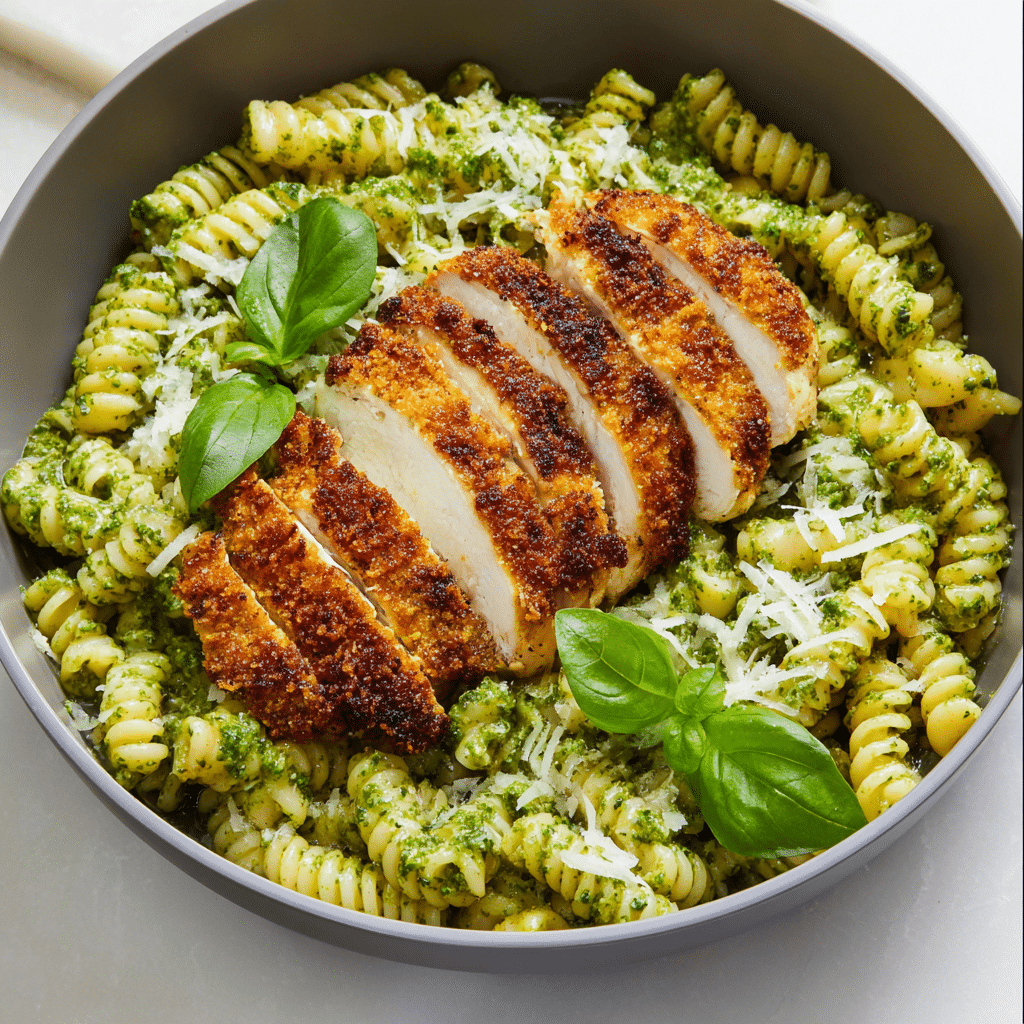Pesto Pasta with Crispy Parmesan Chicken Recipe - Recipe Image