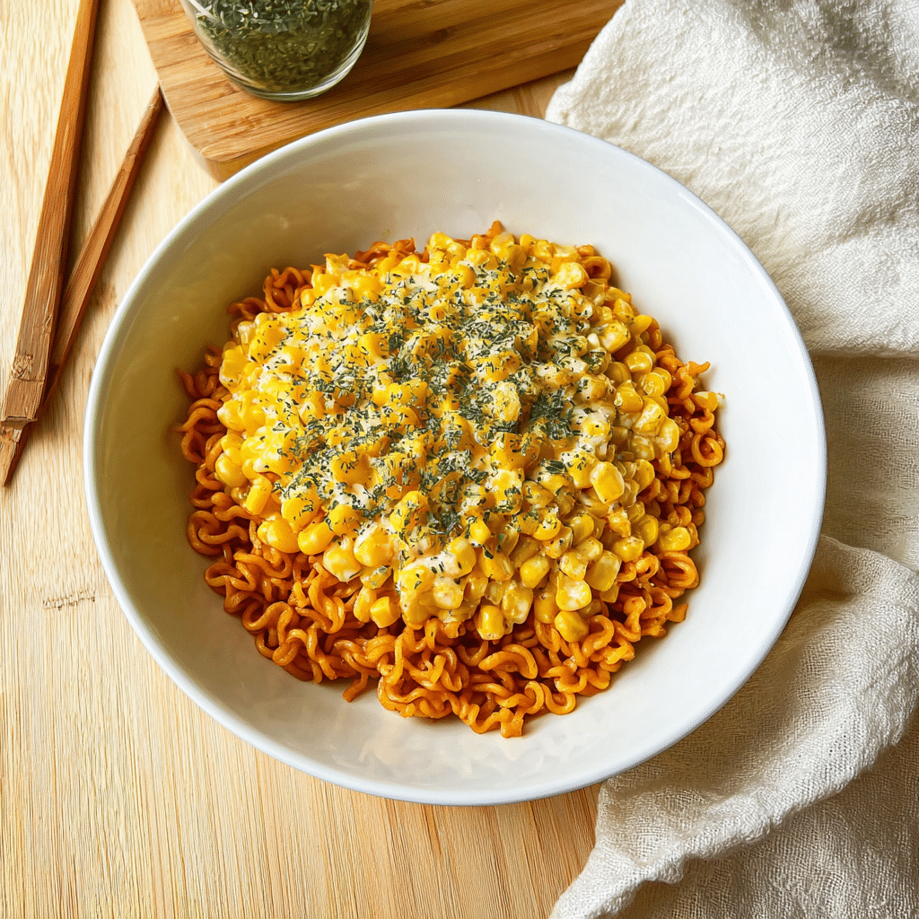 Spicy Noodles with Korean Corn Cheese Recipe - Recipe Image