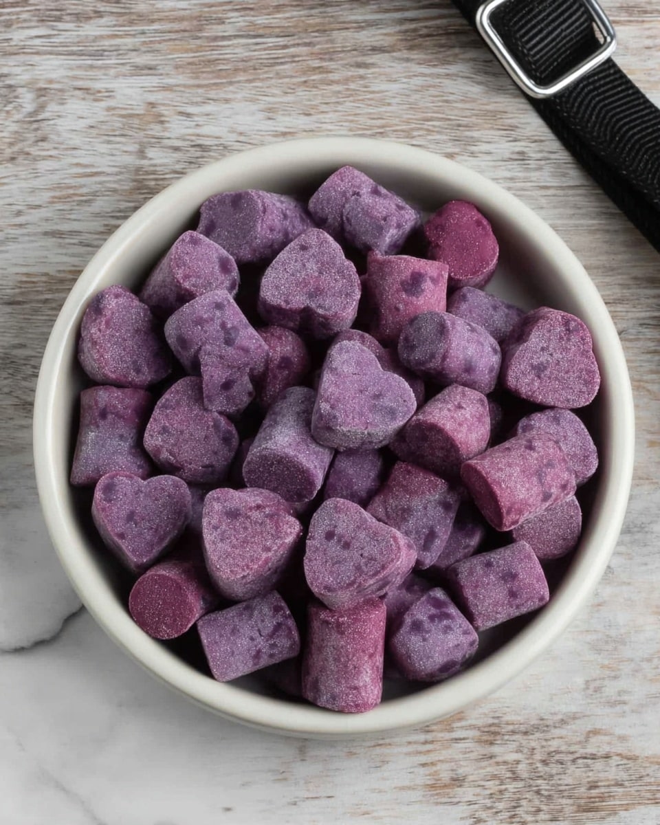 A round white dish filled with small, purple treats shaped like hearts and cylinders, each piece having a smooth, slightly frosty texture. The treats are piled up to create a dense, uneven layer that shows variation in their shapes and slight color shades from light to dark purple. The dish sits on a white marbled surface, with a black strap and silver metal clip placed nearby on the right. Photo taken with an iphone --ar 4:5 --v 7