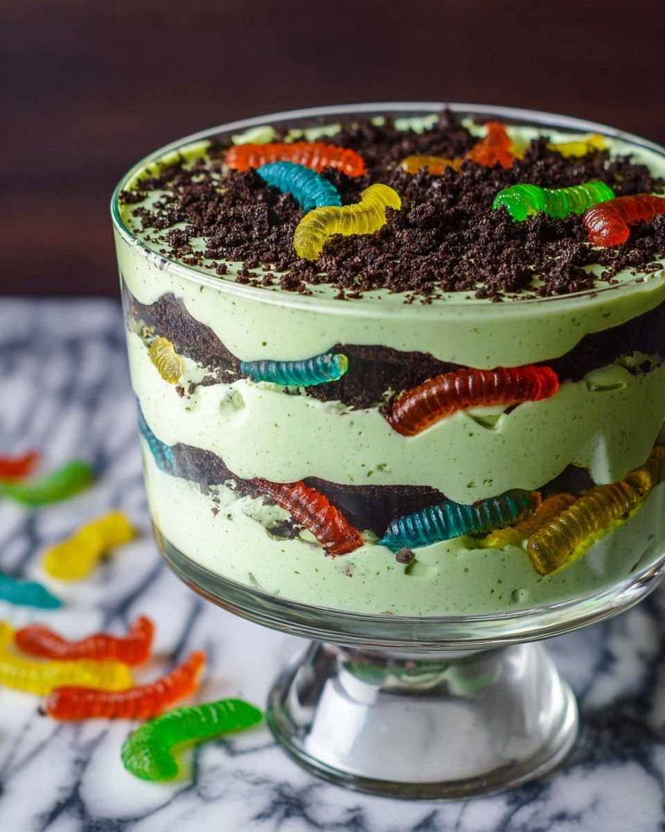 A clear glass trifle bowl shows three thick layers of light green creamy mousse, each separated by a dark chocolate crumb layer and hidden gummy worms peeking through. The top layer of mousse is sprinkled with more dark chocolate crumbs and decorated with colorful gummy worms in red, orange, yellow, blue, and green. The bowl stands on a transparent base, placed on a white marbled surface, with some gummy worms scattered nearby, all captured with sharp focus. Photo taken with an iphone --ar 4:5 --v 7