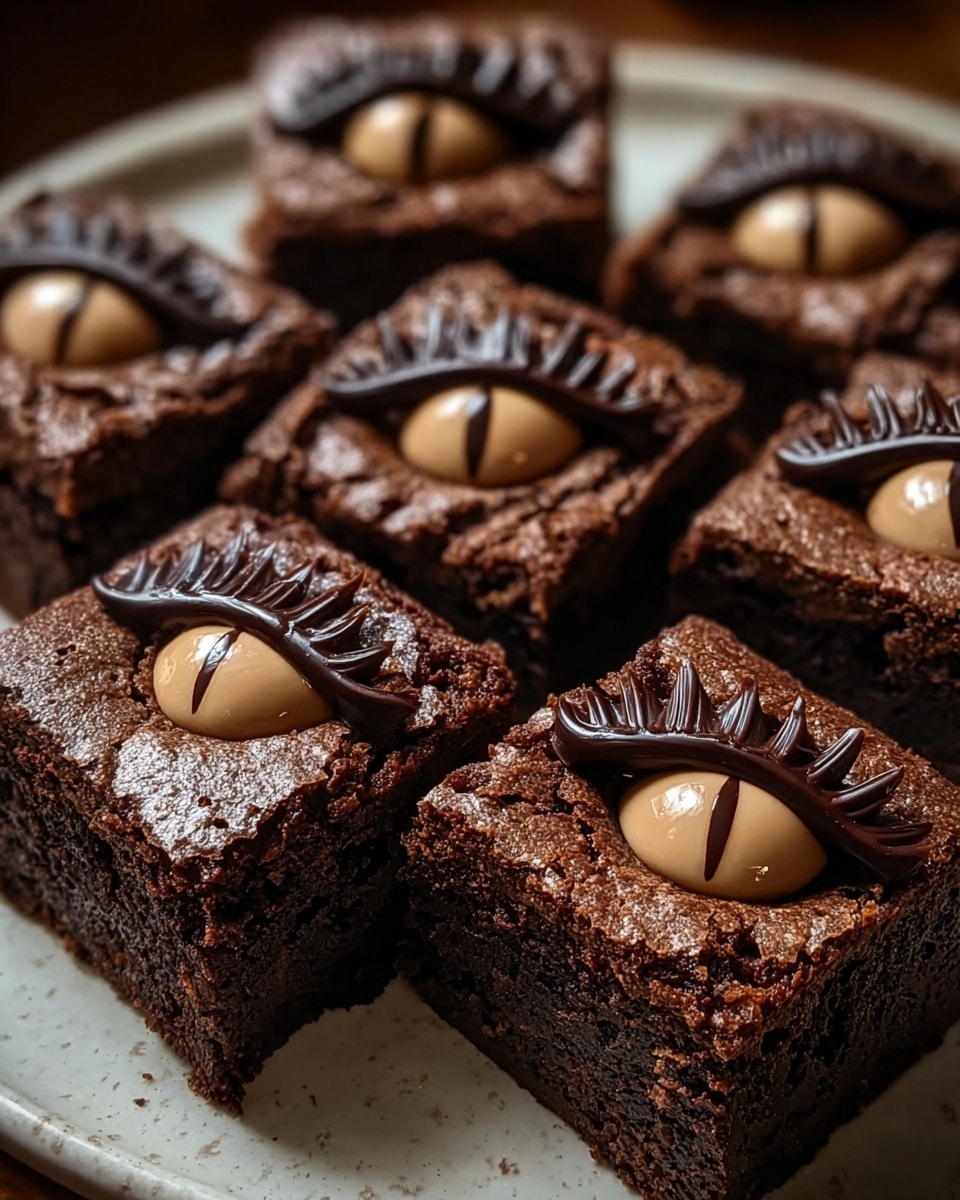 There are six thick square brownies with a rich, cracked dark brown top layer. Each brownie is decorated with a detailed eye design on top, made of glossy dark chocolate forming the eyelids and lashes, with a smooth beige candy eye featuring a vertical black pupil in the center. The brownies are arranged closely together on a white plate with a subtle texture. The photo has warm lighting that highlights the shiny chocolate and the texture of the brownies, with a soft focus on the background. photo taken with an iphone --ar 4:5 --v 7