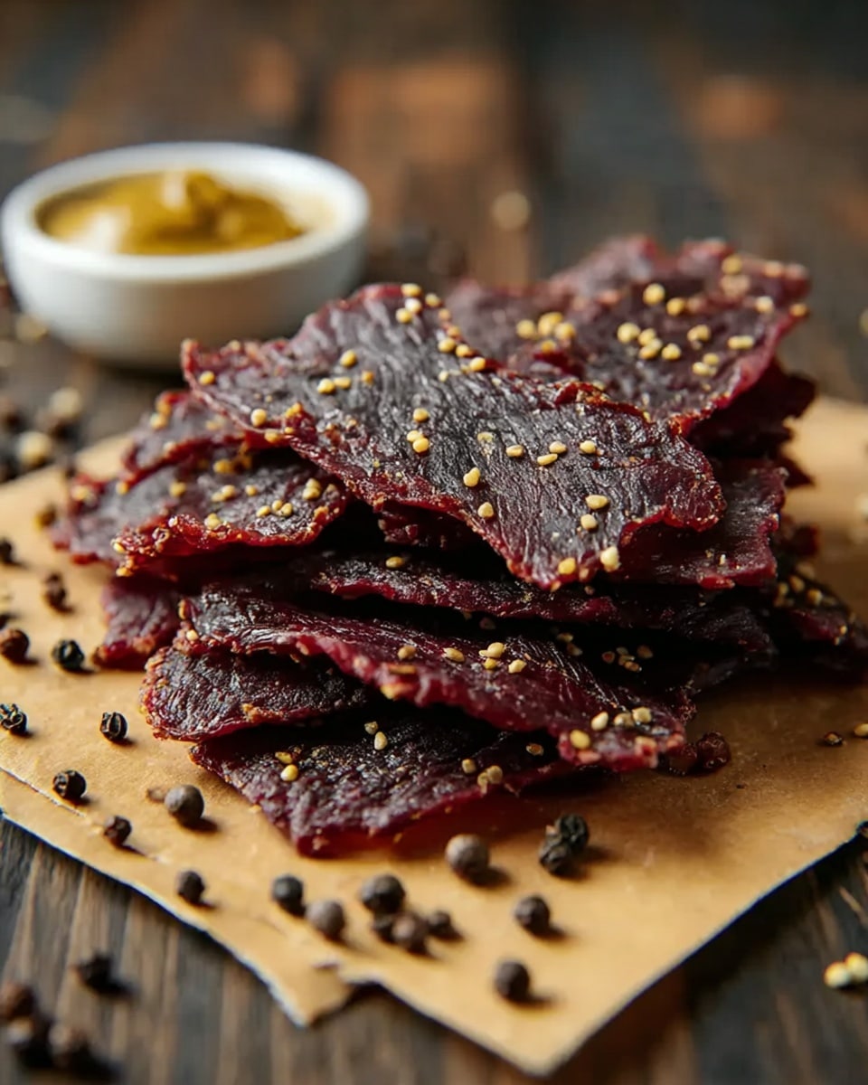A pile of dark reddish-brown beef jerky slices is stacked on a light brown parchment paper placed on a wooden surface. Each jerky slice is thin with a rough texture and sprinkled with small yellow mustard seeds and black pepper flakes, giving a slightly shiny look from the marinade. Around the pile, whole black peppercorns are scattered, and a blurred small white bowl filled with mustard sauce sits in the background. The overall setting has a natural and rustic feel, focused closely on the jerky with a shallow depth of field. photo taken with an iphone --ar 4:5 --v 7