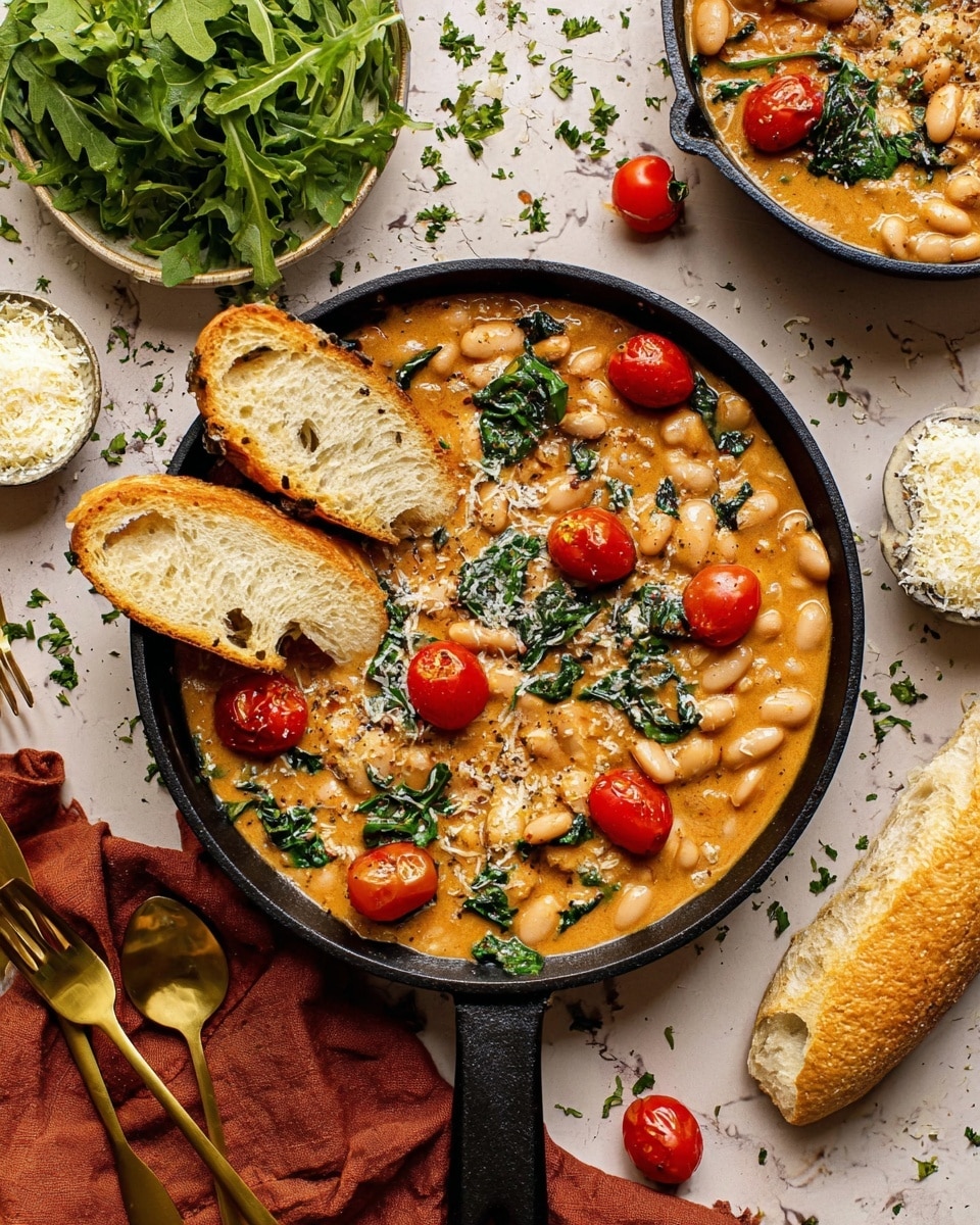 A black pan with a handle holds a creamy orange stew filled with white beans, wilted green leaves, and small whole red cherry tomatoes spread evenly on top. Three toasted slices of lightly browned garlic bread rest on the stew's edge, with one piece broken in half showing its soft white inside. Around the pan, there are some fresh green arugula leaves on a small plate, a small white dish of grated cheese, a torn white baguette, and golden forks and spoons placed on a brown cloth, all set on a white marbled textured surface with tiny green herbs scattered around. photo taken with an iphone --ar 4:5 --v 7