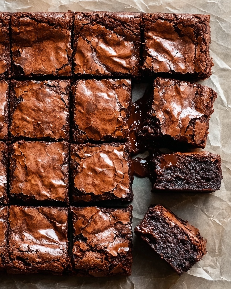A cut square block of brownies is shown from above on a white marbled texture, divided into 15 pieces with one piece missing from the bottom left corner, exposing the gooey, melted chocolate inside. The top layer is a cracked, shiny, thin crust with a deep brown color, while the inside layers look moist and dense with a rich, dark chocolate texture. The edges are firm but slightly crumbly, and the background is a crumpled parchment paper beneath the brownies. Photo taken with an iphone --ar 4:5 --v 7