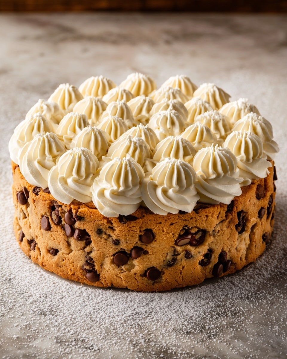 A round cake made of chunky chocolate chip cookie dough forms the base and sides, with visible large chocolate chips embedded in the golden-brown dough. On top, there are two layers of piped cream swirls: a ring of larger, thick white swirls around the edge, and a dense cluster of smaller cream swirls filling the center, all evenly spaced and textured with fine ridges. The cake sits on a white marbled textured surface lightly dusted with powdered sugar, giving a soft contrast to the rich cookie and smooth cream. photo taken with an iphone --ar 4:5 --v 7