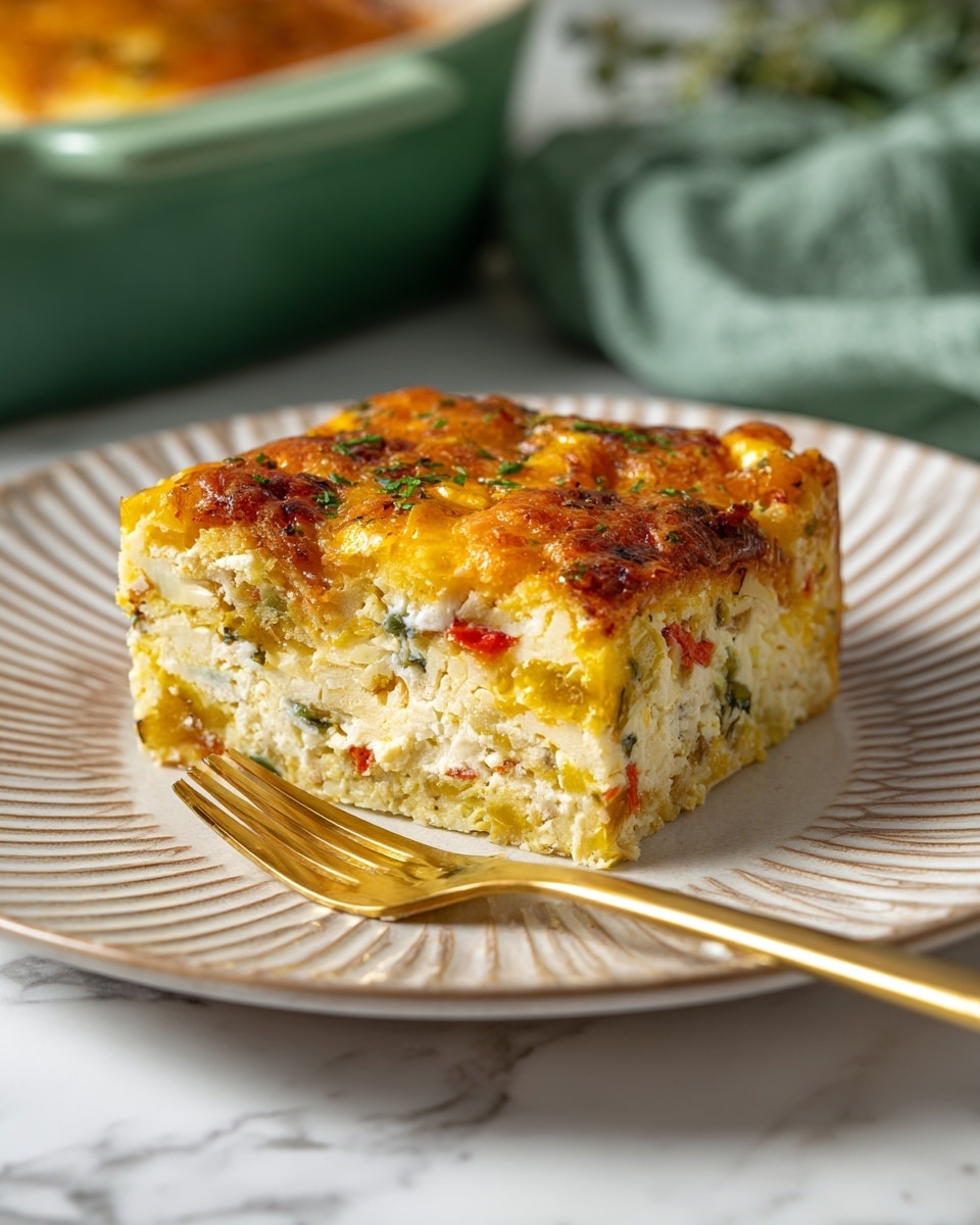 A square piece of baked casserole sits on a white plate with ridged edges, showing three clear layers: a golden-brown crispy top layer with melted cheese, a thick middle layer with yellow and green bits indicating vegetables or herbs, and a bottom layer that is denser and pale yellow with small red and green pieces mixed throughout. Next to the casserole, a shiny gold fork lies on the plate. The background has a white marbled texture and a green casserole dish is blurred in the background. photo taken with an iphone --ar 4:5 --v 7