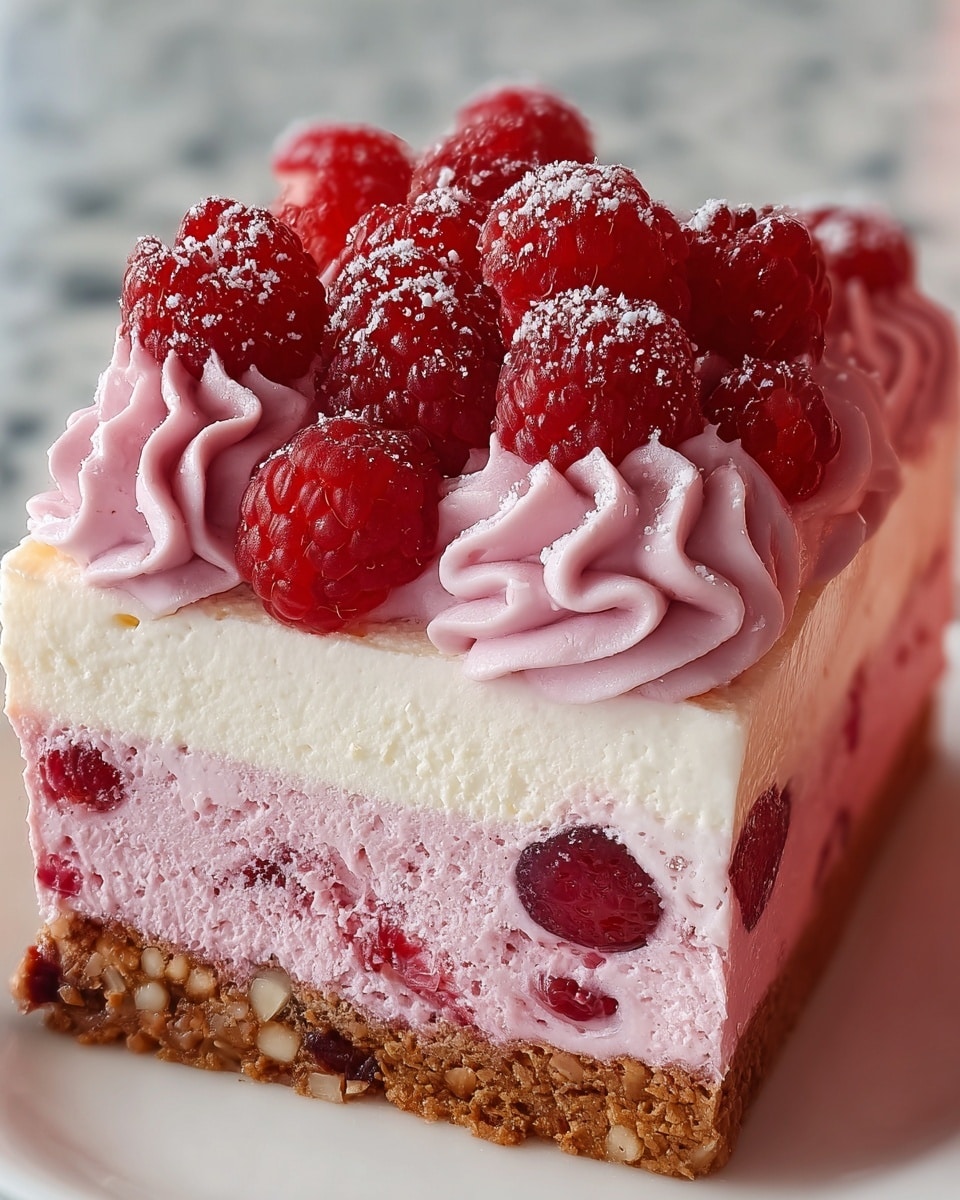 A close-up of a layered dessert slice showing four clear layers: the bottom layer is a dense, crumbly brown crust with visible small pieces; above it is a thick, smooth pink cream layer with embedded whole red raspberries; next is a thinner white creamy layer on top; the dessert is crowned by swirls of soft pink frosting topped with fresh red raspberries, some dusted lightly with white powder. The dessert rests on a white plate set on a white marbled surface. photo taken with an iphone --ar 4:5 --v 7