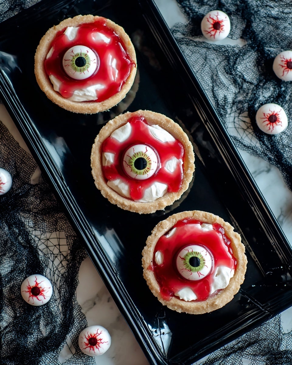 The image shows three small tarts in silver foil cups placed on a shiny black rectangular tray. Each tart has a crumbly brown crust, a creamy white filling on top with a smooth texture, and bright red syrup arranged in five streaks radiating outwards from the center. In the middle of each tart is a round candy shaped like an eyeball, white with red veins, a green iris, and a black pupil. The background has a black spider web design on a white marbled surface, with more eyeball candies scattered around. Photo taken with an iphone --ar 4:5 --v 7