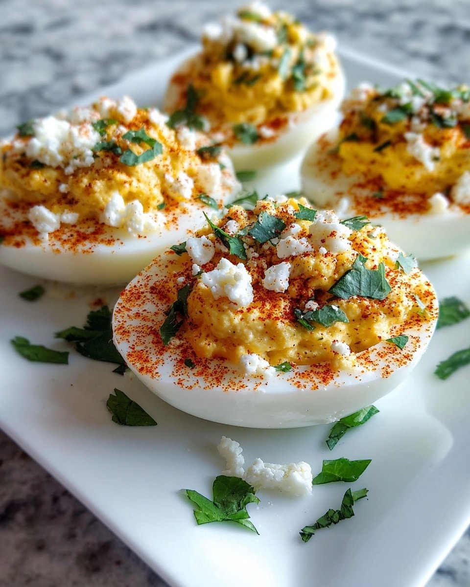 Four deviled egg halves are placed close together on a white square plate on a white marbled texture surface. Each egg half has a smooth white egg white base, filled with a creamy, slightly chunky yellow yolk mixture that is dusted with red paprika powder, and topped with crumbled white cheese and chopped green herbs. Additional green herb leaves are scattered around the plate. The focus is on the front egg, showing detailed texture and bright colors. Photo taken with an iphone --ar 4:5 --v 7