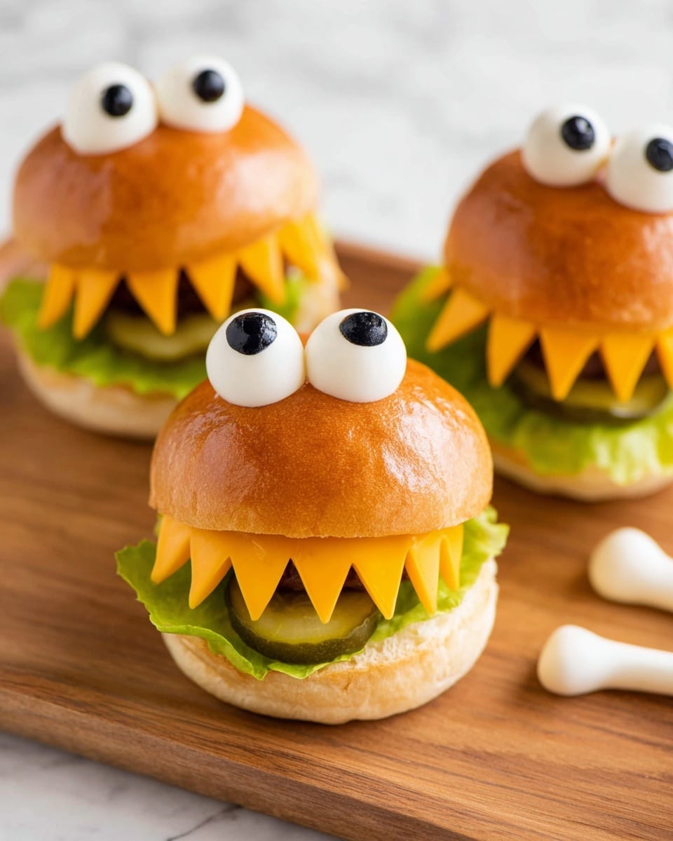 The image shows three small burgers styled to look like funny faces with three layers each. The bottom layer is a green lettuce leaf with a round, grilled beef patty above it. On top of the patty, there is a zigzag layer of bright orange cheddar cheese slices looking like sharp teeth. One whole green pickle slice sticks out below the cheese, resembling a tongue. The top layer is a soft, golden-brown burger bun with two white dollops of creamy mayonnaise placed as eyes. Each eye has a small, dark black olive half sitting on top, giving the burgers a playful look. The burgers are placed on a light brown wooden board, with a white marbled texture background visible behind. Photo taken with an iphone --ar 4:5 --v 7