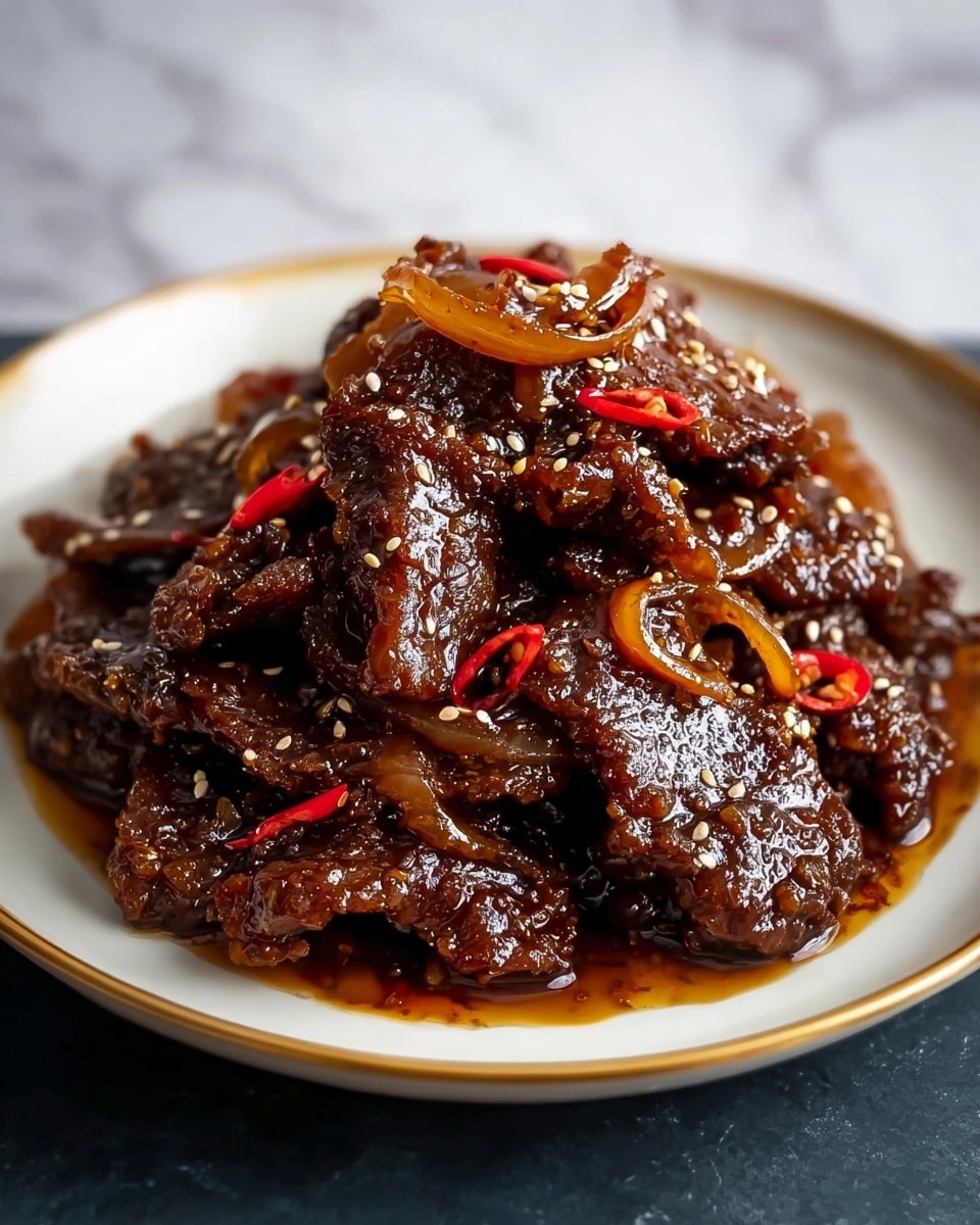 A piled serving of dark brown glazed beef slices sits on a white plate with a thin gold rim, each piece shiny with thick sauce and scattered with small white sesame seeds. Thin rings of caramelized onions mix with the beef, adding a soft texture and a warm amber hue, while a few bright red chili slices peek through, adding a pop of color. The dish looks glossy and rich, with the sauce pooling slightly at the bottom of the plate. The backdrop is a white marbled texture, adding a clean, bright contrast to the deep colors of the beef and sauce. photo taken with an iphone --ar 4:5 --v 7