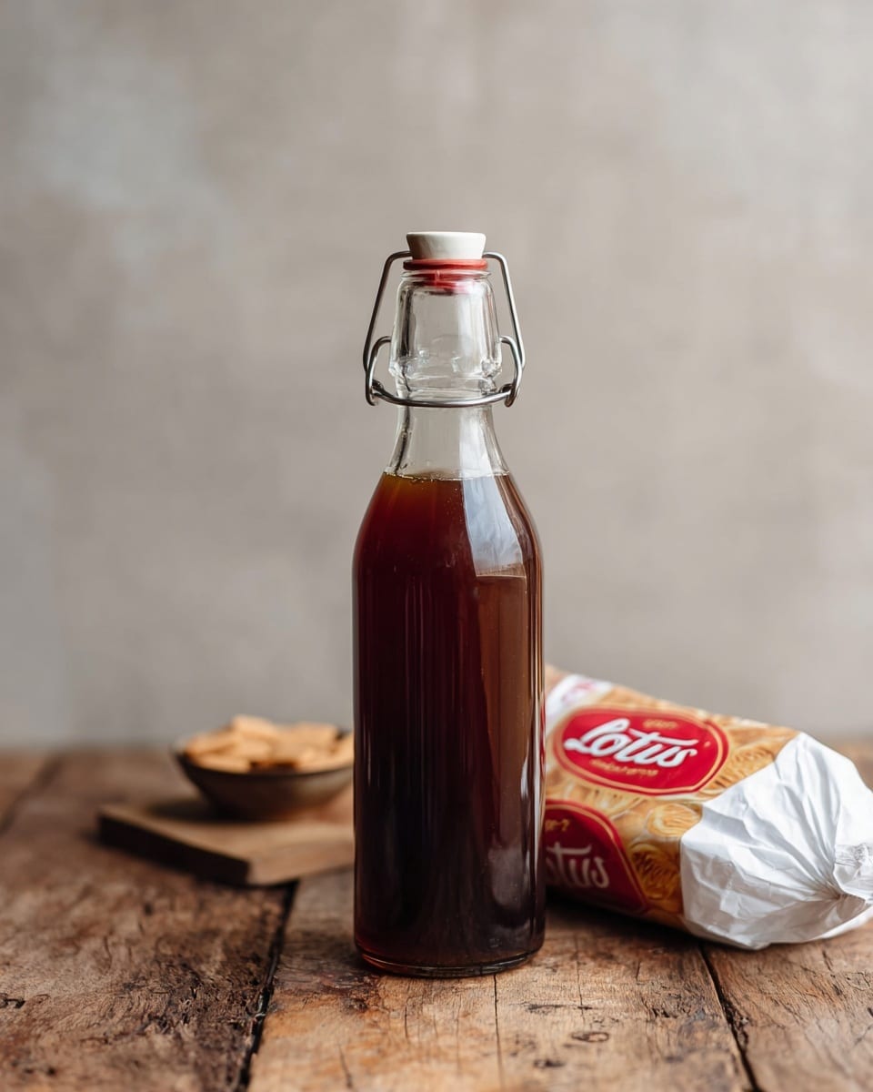 A tall, clear glass bottle with a metal clasp lid holds a dark brown liquid inside. The bottle stands on a rustic wooden surface, and behind it lies a white packet of Lotus Biscoff biscuits wrapped in red and white packaging. The background is a soft, neutral tone that complements the wooden surface. photo taken with an iphone --ar 4:5 --v 7