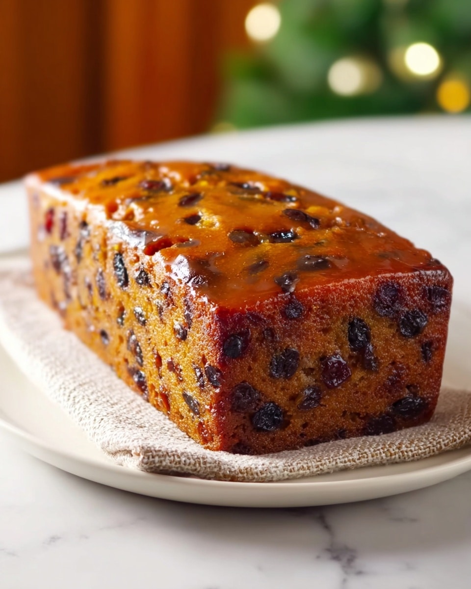 A rectangular fruitcake sits on a white plate with a textured napkin underneath, its dense body filled with dark and light dried fruits like raisins and cherries scattered evenly throughout the golden brown cake. The top layer is shiny and glazed with a thick, glossy amber coating that lets the fruits beneath show through. The edges are smooth and slightly rounded, highlighting the moist texture of the cake. The scene is set on a white marbled surface with soft, warm lighting that enhances the rich colors of the cake. Photo taken with an iphone --ar 4:5 --v 7