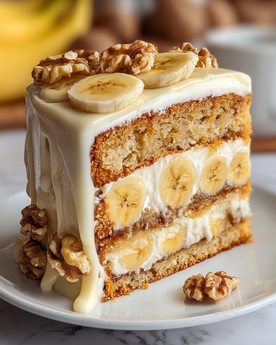 This image shows a close-up of a three-layer slice of cake on a white plate. The cake layers are light golden brown with visible small pieces of banana inside. Between each cake layer, there is a thick layer of creamy white frosting with banana slices embedded in it. The outside of the cake is coated with smooth white frosting that slightly drips down the sides. On top, there are banana slices and whole walnut pieces arranged as decoration. The setting includes a white marbled surface in the background. photo taken with an iphone --ar 4:5 --v 7