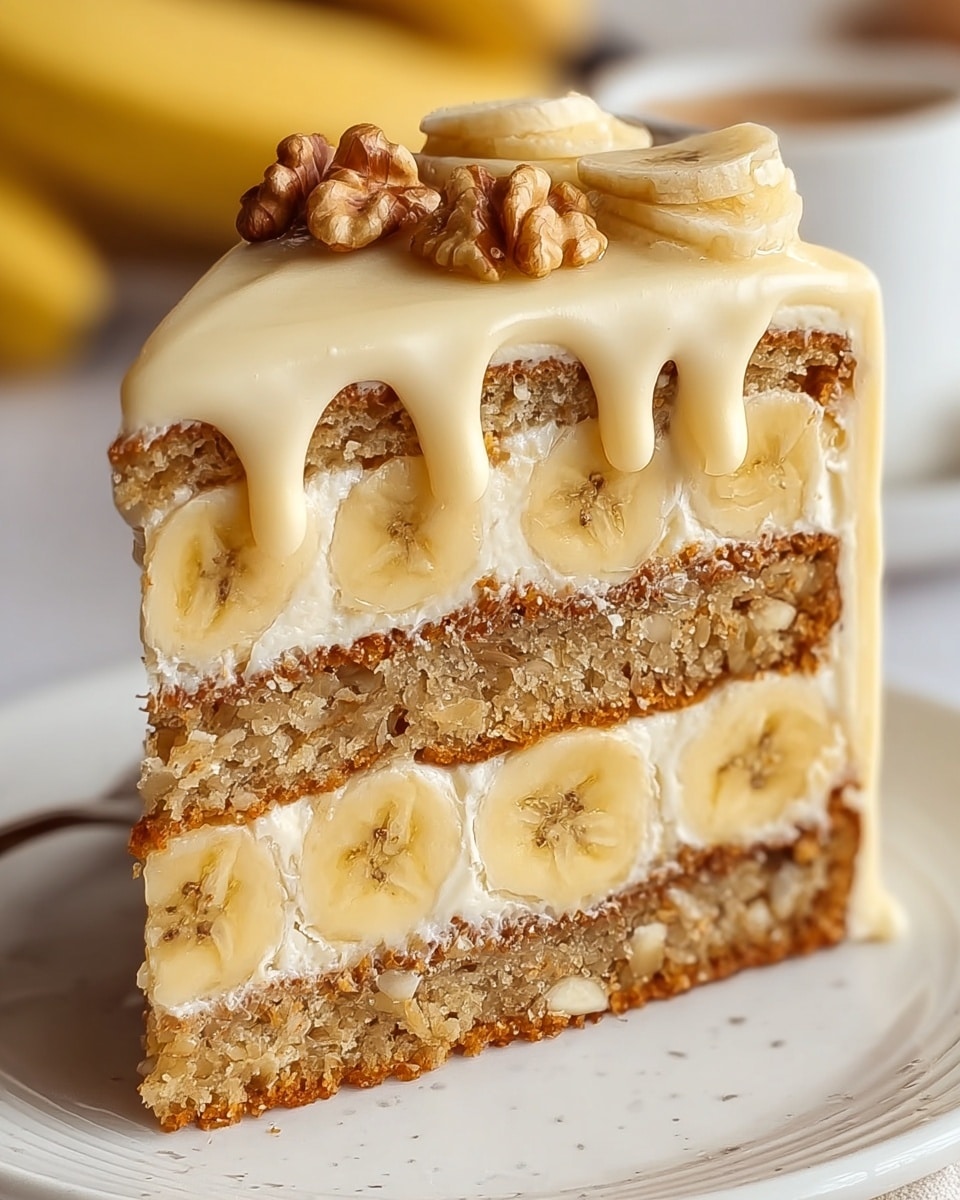 A close-up image of a two-layer banana cake slice on a white plate with a white marbled background. Each cake layer is light brown with visible banana pieces inside, separated by thick white cream layers containing banana slices. The outside is covered with smooth light beige frosting that drips slightly over the side. On top of the cake are sliced banana pieces and whole walnut halves arranged neatly. Photo taken with an iphone --ar 4:5 --v 7
