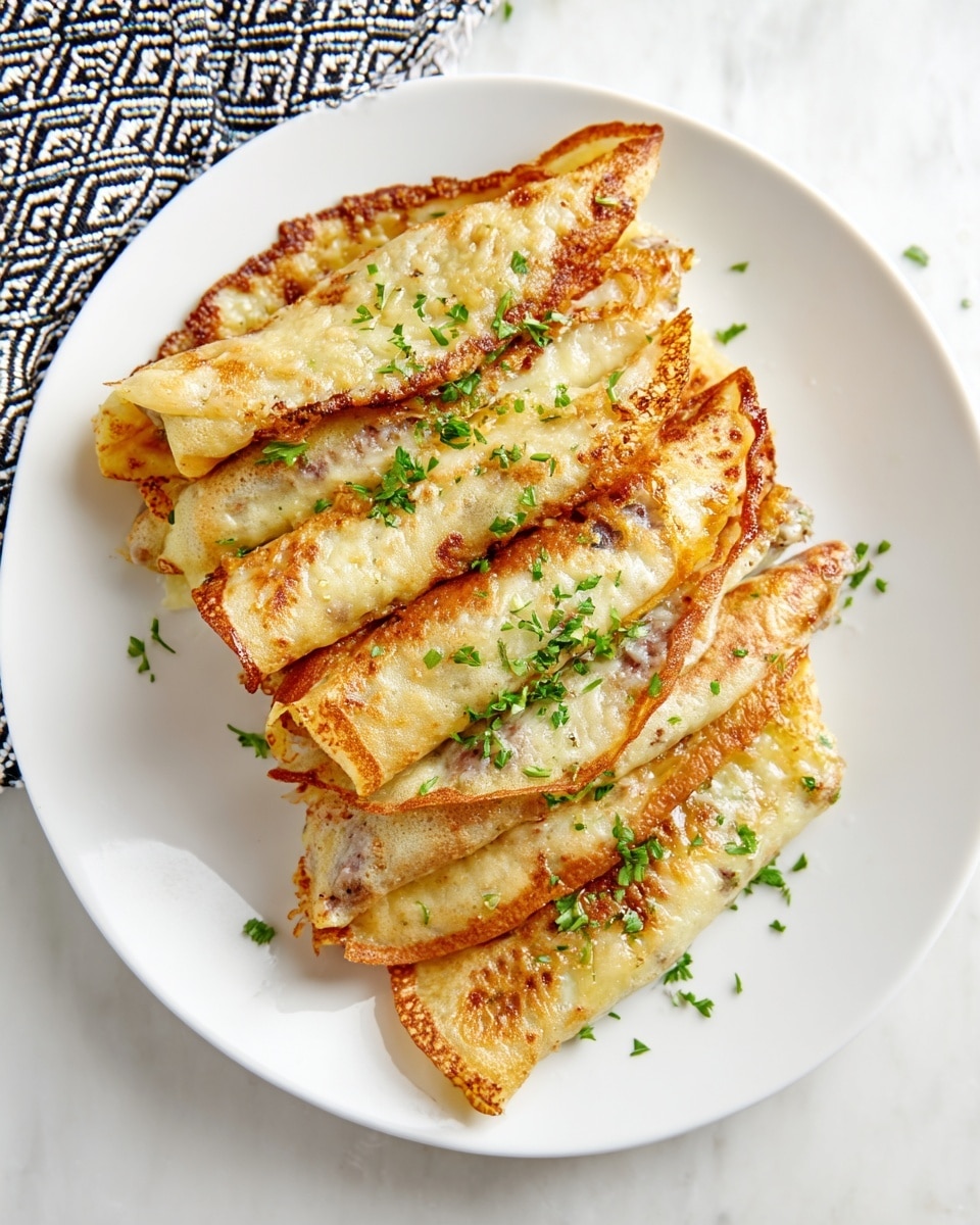 A white plate holds six folded, golden-brown stuffed crepes stacked in two layers. Each crepe has a crispy, slightly browned outer texture with visible bits of melted cheese and finely chopped green herbs sprinkled on top and around the plate. The crepes are filled with a light brown filling that shows through some openings. The plate sits on a white marbled surface with part of a black-and-white geometric patterned cloth visible in the background. photo taken with an iphone --ar 4:5 --v 7