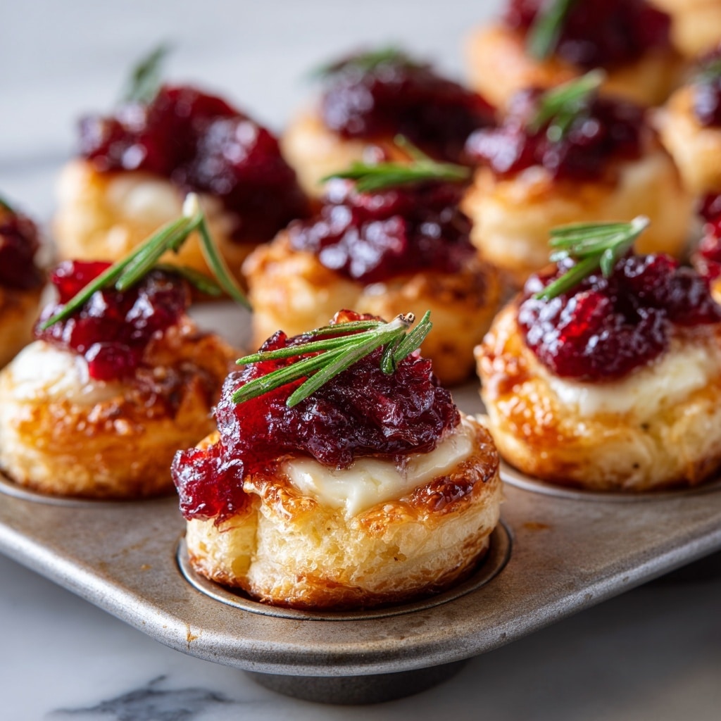 The image shows a close-up of a metal muffin pan filled with small bite-sized appetizers, each made of a base layer of golden-baked puff pastry that is slightly puffed and crispy at the edges. On top of the pastry, there is a layer of melted creamy white brie cheese that looks soft and gooey. Each bite is topped with a thick, chunky layer of deep red cranberry sauce that appears glossy and sticky. Some bites are garnished with small sprigs of fresh rosemary, adding a touch of green texture. The whole scene sits on a white marbled surface. photo taken with an iphone --ar 4:5 --v 7