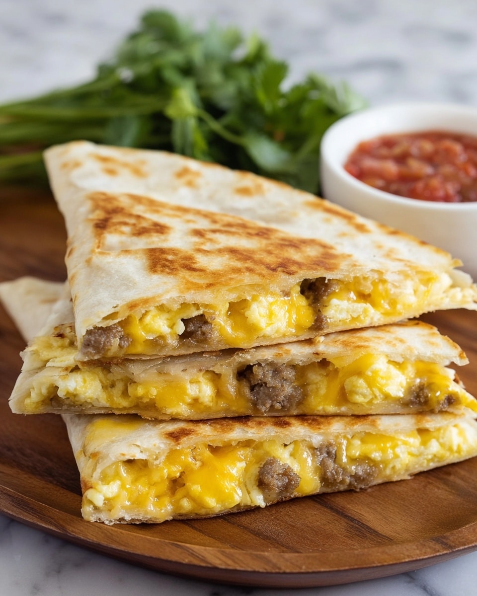 A stack of three triangle-shaped quesadilla slices sits on a wooden board, each slice revealing three layers: the top and bottom layers are lightly browned tortillas with a golden, crisp texture, and the middle layer contains scrambled eggs mixed with melted yellow cheddar cheese and small bits of cooked sausage, showing a soft, creamy, and slightly greasy texture. In the background, there is a small white bowl filled with red salsa and a bunch of green leafy herbs, all placed on a white marbled surface. photo taken with an iphone --ar 4:5 --v 7