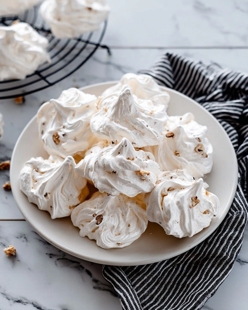 A white plate holds a pile of fluffy meringue cookies with rough, uneven shapes and small brown nut pieces scattered throughout. The cookies have a soft, whipped texture with peaks and swirls. The plate rests on a white marbled surface with a black and white striped cloth underneath. A wire rack on the left also holds some meringue cookies. The scene is bright, with natural light highlighting the airy texture of the meringue. photo taken with an iphone --ar 4:5 --v 7