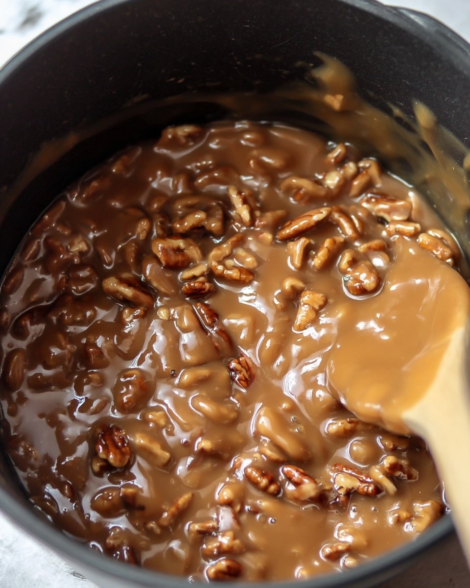 The image shows a close-up inside a black pot filled with a thick, glossy caramel-colored sauce that coats a mix of whole and broken pecan nuts, giving them a shiny texture. The sauce has a smooth, creamy appearance with small bubbles and drips clinging to the sides of the pot. A light wooden spoon is partially visible on the right side, covered with the same creamy sauce. The overall look is rich and sticky, highlighting a single dense layer of nuts fully covered in sauce, set against a white marbled texture in the out-of-focus background. Photo taken with an iphone --ar 4:5 --v 7