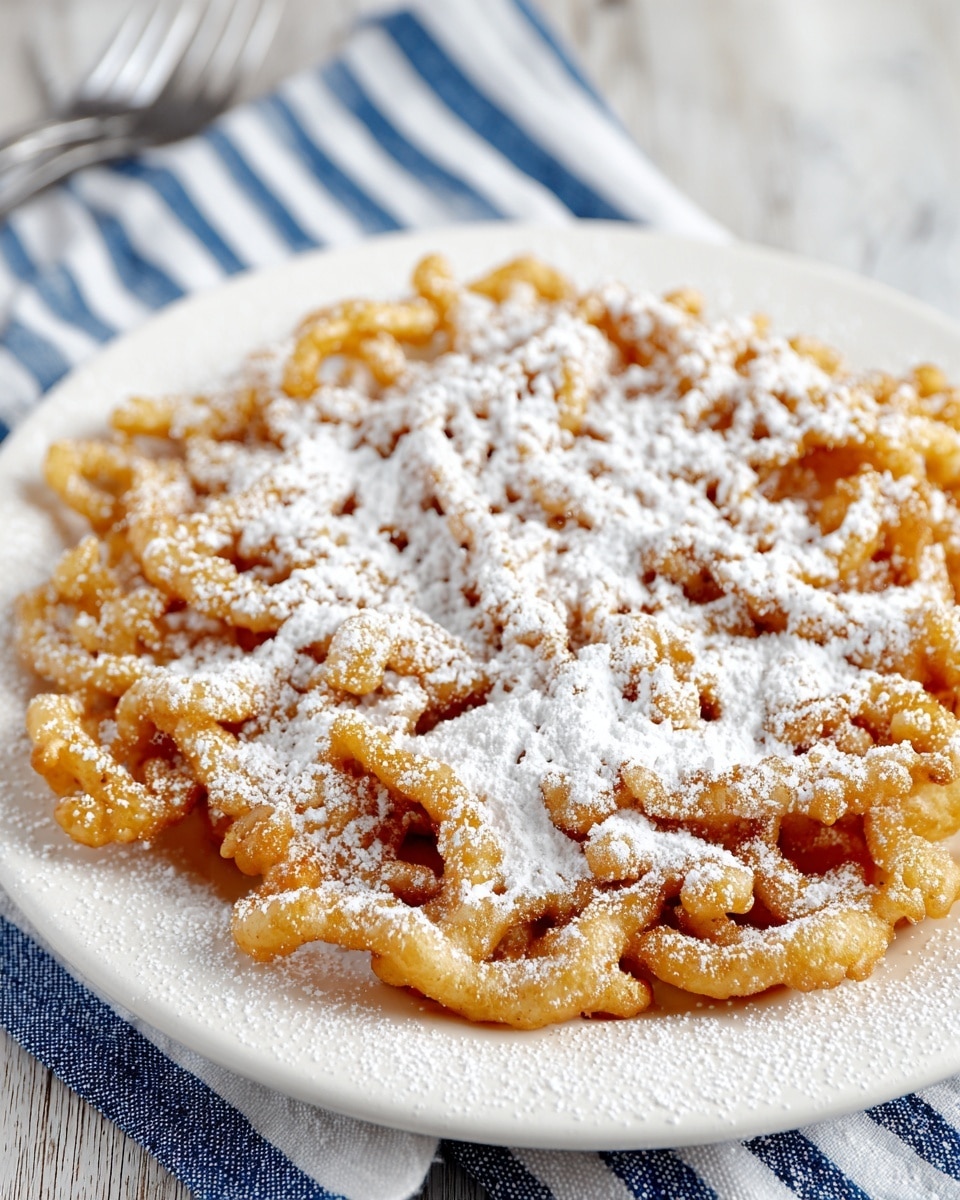 A golden-brown funnel cake sits on a white plate, its surface created from lacy, fried batter loops forming an irregular circular shape with a slightly crispy edge. The entire top is lightly but evenly covered with a dusting of white powdered sugar, which settles into the crevices and highlights the texture of the cake. The plate rests on a blue and white striped cloth set against a white marbled background. Photo taken with an iphone --ar 4:5 --v 7