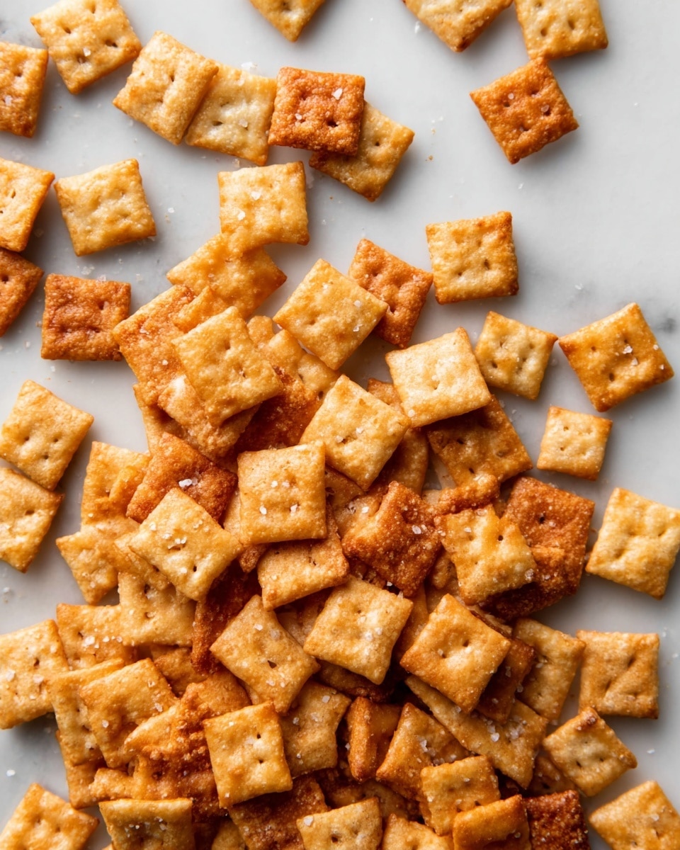 The image shows a scattered pile of small, square crackers spread over a smooth white marbled surface. Each cracker varies in its golden to light brown color, with some appearing lightly toasted and others more deeply browned, giving a mix of textures from crispy to slightly crunchy. The crackers have a slight puffiness and a few small holes in the center, and some are sprinkled with coarse salt crystals. The arrangement is casual, with no specific pattern, filling the middle of the frame and thinning out towards the edges. photo taken with an iphone --ar 4:5 --v 7