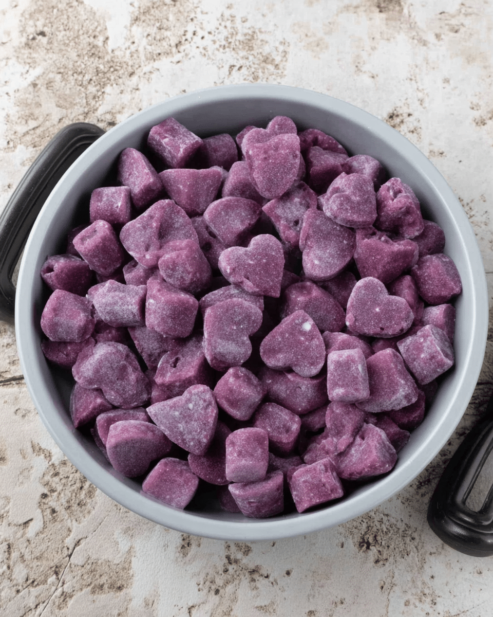 A round, white pie pan filled with small, frozen purple pieces shaped as hearts and cylinders, each piece showing a smooth and slightly frosty texture, arranged in a pile inside the pan, all sitting on a white marbled textured surface. Photo taken with an iphone --ar 4:5 --v 7