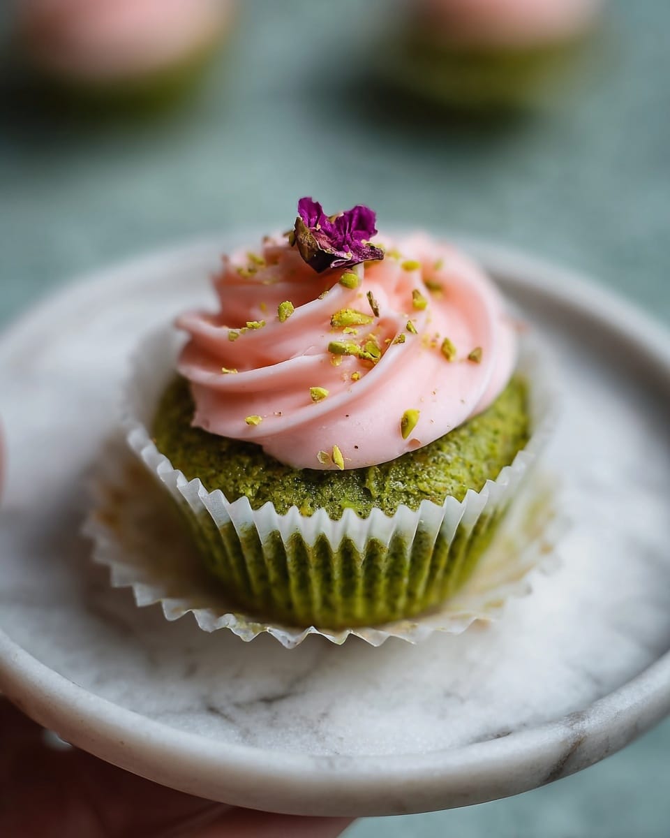 A small cupcake sits in the center of a white paper liner on a white marbled surface. The cupcake has one thick green layer of soft, moist cake with a slightly crumbly texture. On top, there is a swirl of smooth, light pink frosting with gentle curves and peaks. The frosting is decorated with tiny bits of yellow-green garnish and a small dried purple flower in the center. The plate is white and round with a slight lip. A woman's hand is not visible in the image. Photo taken with an iphone --ar 4:5 --v 7