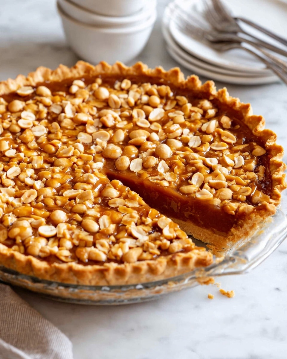 A pie with a golden brown crust that is crimped along the edges sits in a clear glass pie dish on a white marbled surface. The pie filling is an amber caramel color and visible throughout the filling are many whole and halved peanuts, creating a textured top layer. One slice has been cut and slightly moved, revealing the thick, glossy caramel peanut layer while the crust remains intact and flaky. In the background, a stack of white bowls and some forks rest slightly out of focus. Photo taken with an iphone --ar 4:5 --v 7