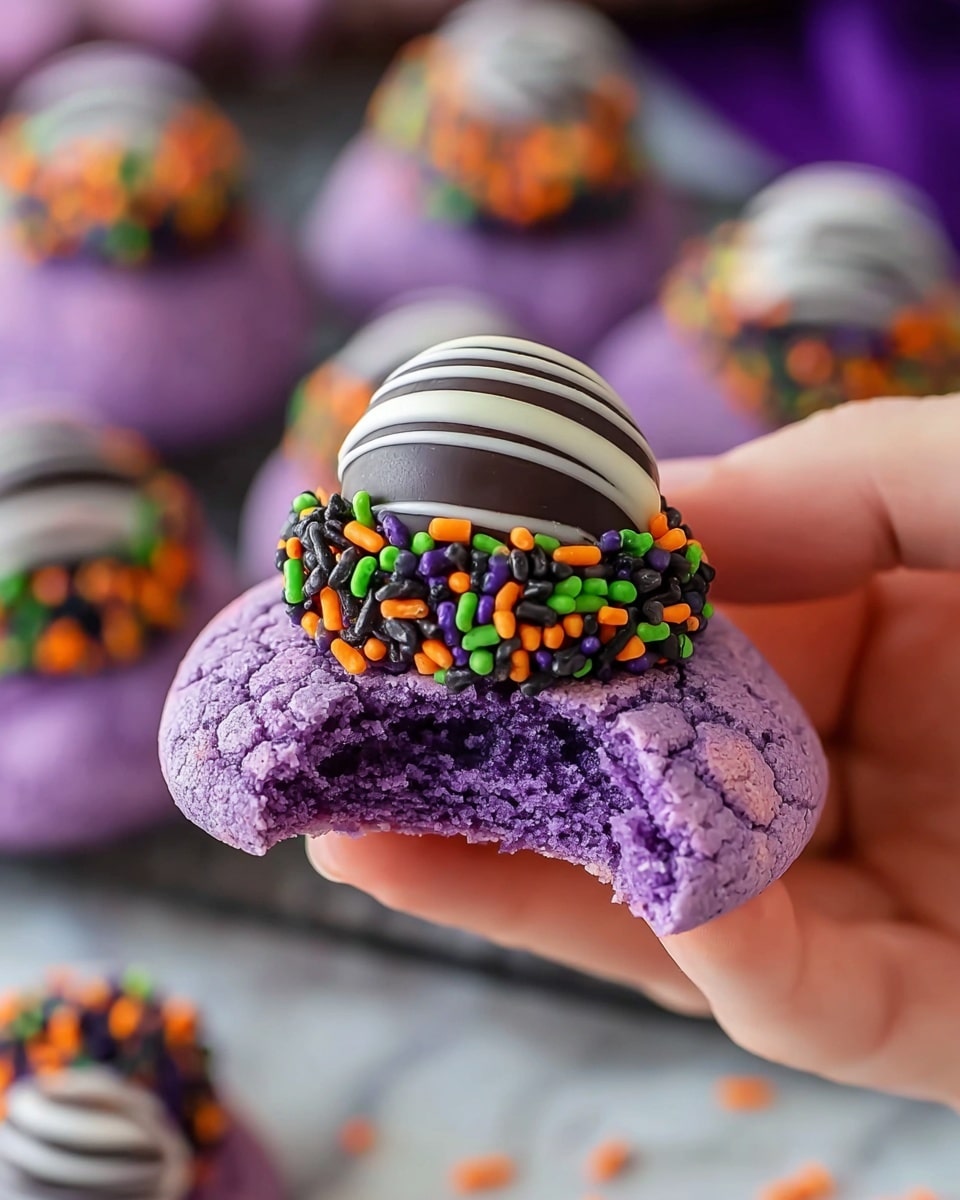 A close-up of a purple cookie being held by a woman's hand with a bite taken out of it, showing a soft, crumbly texture inside. The cookie is topped with a chocolate kiss candy that has white and dark chocolate stripes, resting on a ring of colorful sprinkles in black, orange, green, and purple. In the background, blurred purple cookies with the same toppings are visible on a white marbled surface. photo taken with an iphone --ar 4:5 --v 7