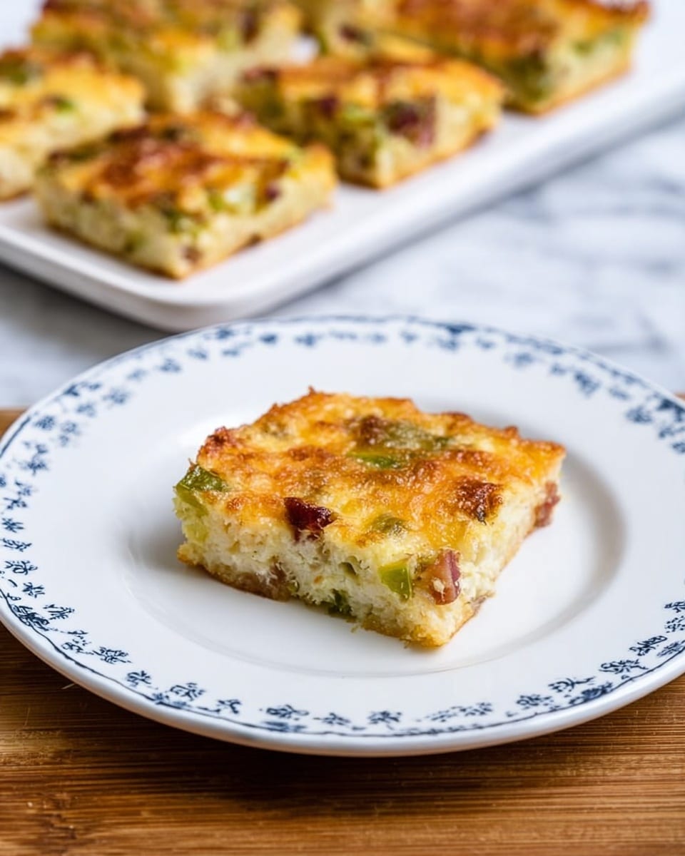 A square piece of baked casserole is placed in the middle of a white plate decorated with a simple blue pattern around the edge. The casserole has a golden brown, slightly crispy top layer with hints of melted cheese. Below the top, there are visible bits of green vegetables and pieces of bacon or ham embedded in a creamy, soft, yellowish base. The casserole looks thick, about one inch tall, and has a moist texture. In the background, more pieces of the same casserole are arranged neatly on a white rectangular serving dish on a white marbled surface. photo taken with an iphone --ar 4:5 --v 7