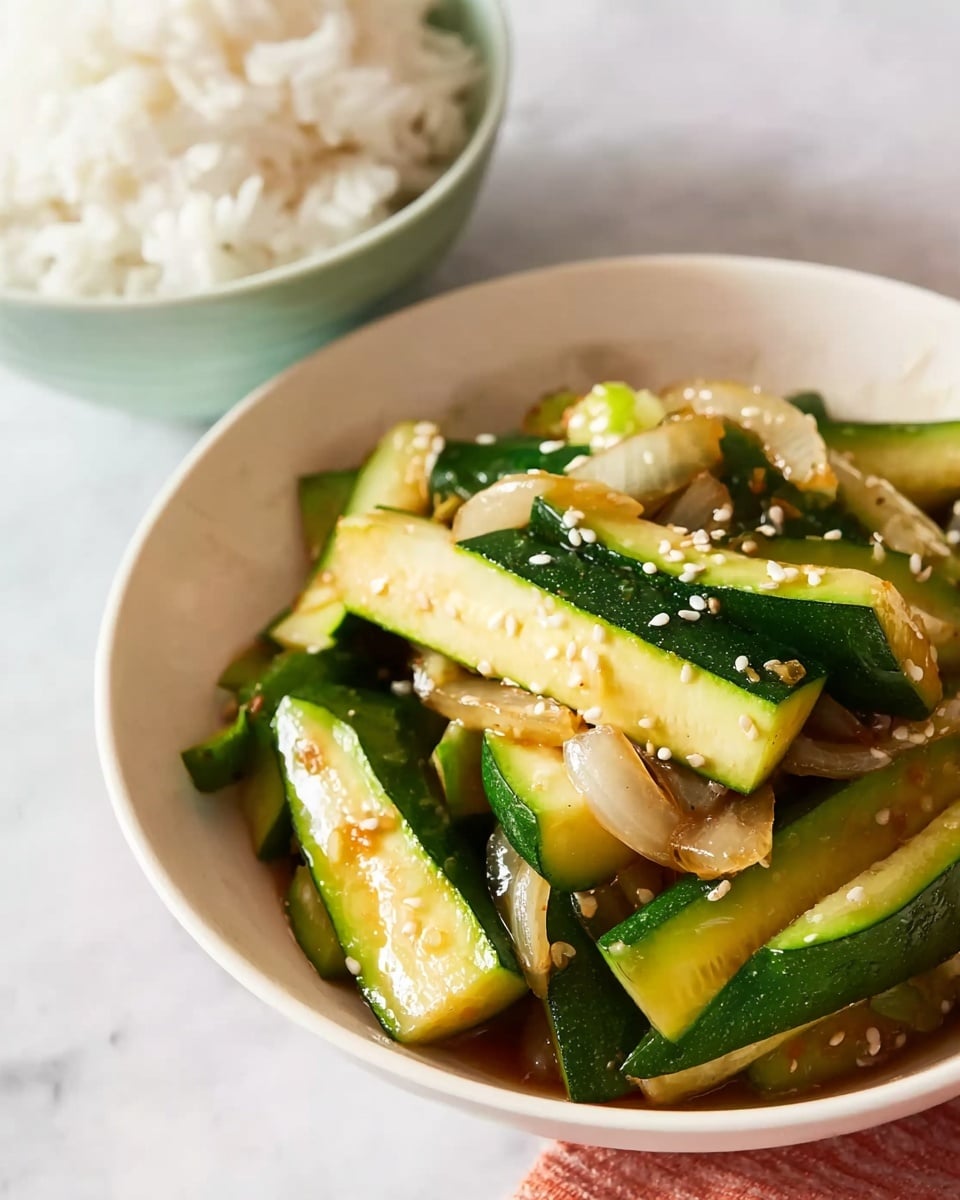 A white bowl filled with cooked zucchini pieces cut into thick sticks, mixed with translucent chunks of sautéed onion, all sprinkled with small white sesame seeds on top. The zucchini is light green with a slightly glossy, soft texture from cooking. The bowl is set on a white marbled surface beside another white bowl filled with plain cooked white rice, creating a simple meal presentation. photo taken with an iphone --ar 4:5 --v 7