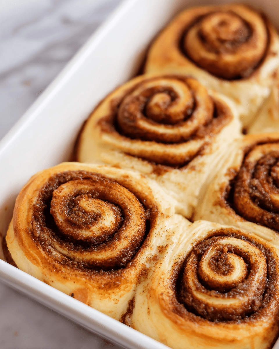 Four cinnamon rolls closely placed in a white rectangular baking dish, each roll showing a thick spiral of golden-brown dough with a darker cinnamon sugar filling. The dough looks soft and fluffy, with a slightly glossy finish, and the cinnamon filling appears moist and slightly caramelized around the edges. The rolls have a light golden color on top with darker brown swirls of cinnamon, and the white baking dish contrasts with the warm tones of the rolls. The background is a white marbled surface. Photo taken with an iphone --ar 4:5 --v 7