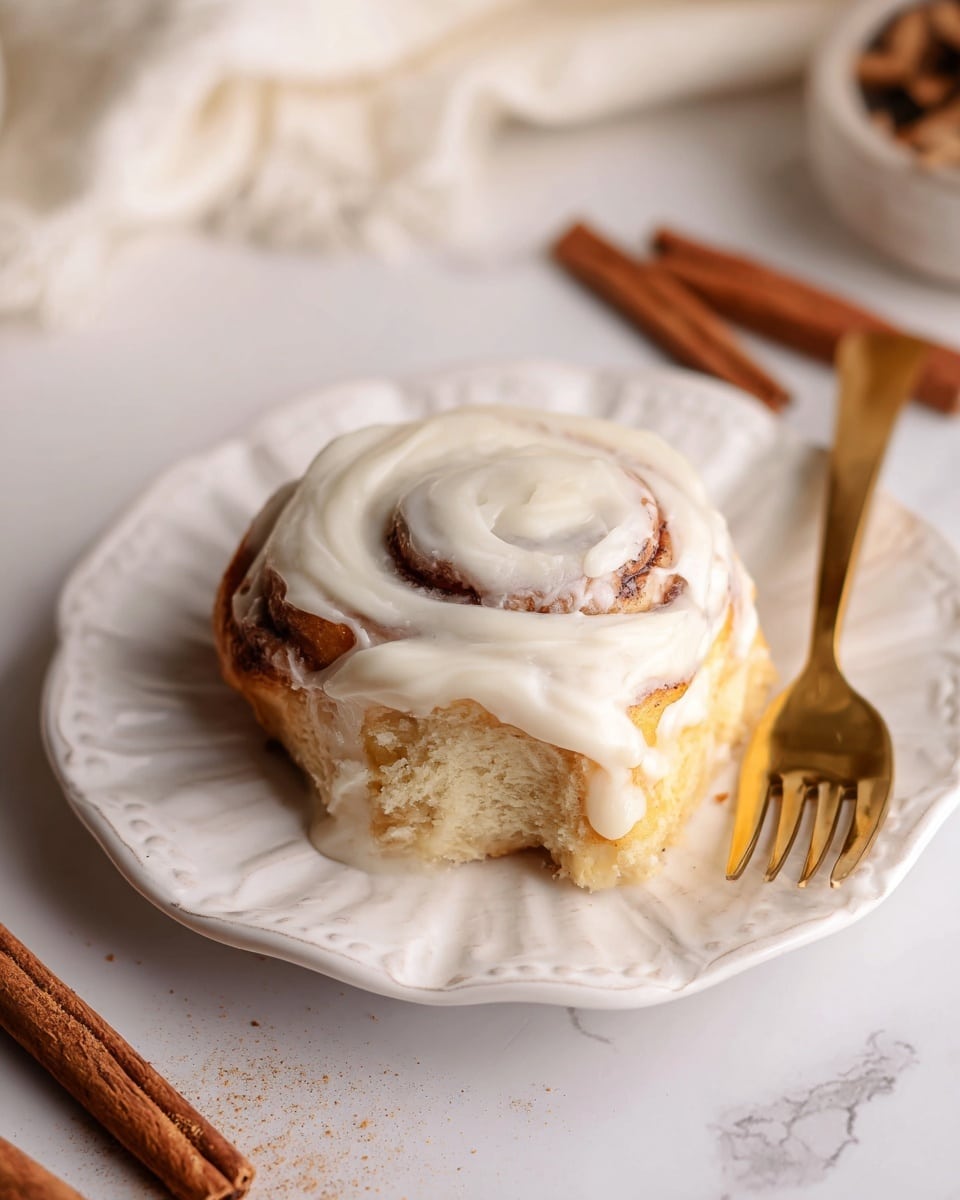 A single cinnamon roll sits in the center of a white scalloped plate, showing two visible layers: a soft, golden-brown dough base swirled with darker cinnamon filling and a thick, creamy white frosting generously spread on top, slightly dripping down the sides. To the side of the plate lies a golden fork, and nearby on the white marbled surface are two sticks of cinnamon. The background has a soft white cloth adding a cozy feel. photo taken with an iphone --ar 4:5 --v 7