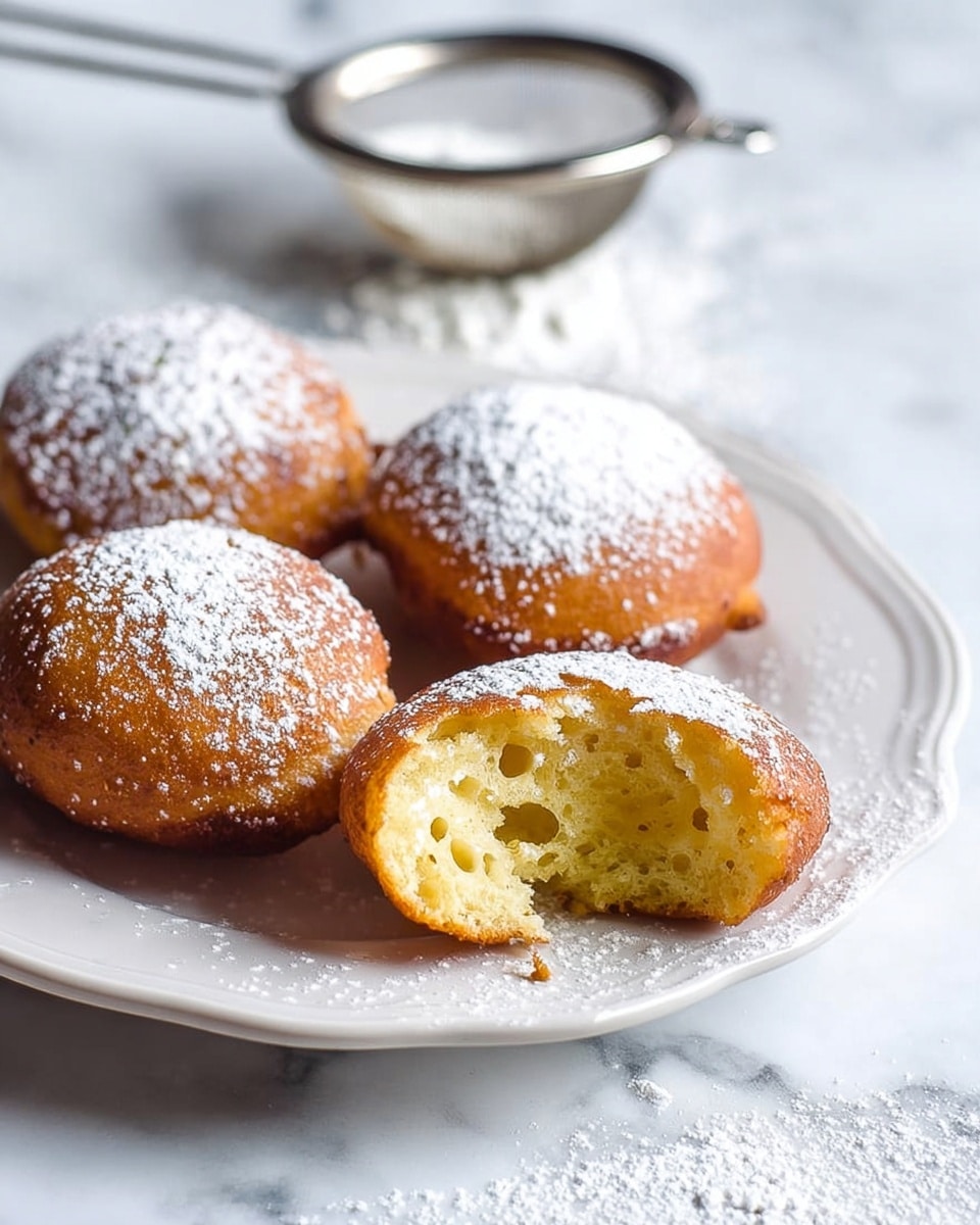The image shows a plate with four round golden-brown fritters, lightly dusted with white powdered sugar. One fritter in the front has a bite taken out, revealing a soft, airy, and pale yellow inside with small holes. The fritters have a slightly crispy outer texture with a warm golden color. They rest on a white plate with a subtle scalloped edge, placed on a white marbled surface. In the background, there is a silver fine mesh sieve, slightly out of focus, containing more powdered sugar. photo taken with an iphone --ar 4:5 --v 7