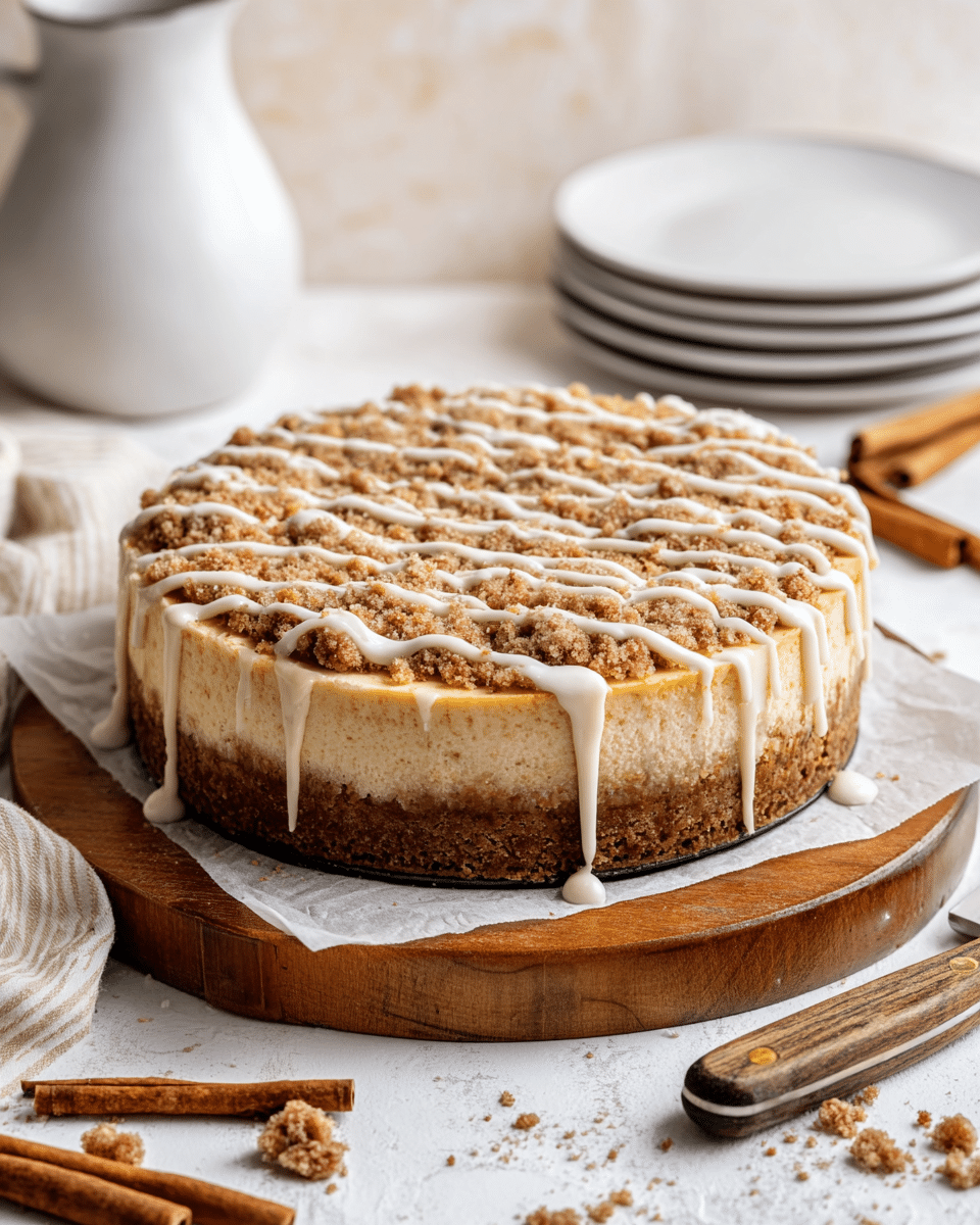 A round cheesecake with three visible layers is placed on a wooden cutting board over parchment paper. The bottom layer is a thick, dark brown crust, the middle cheesecake layer is creamy light yellow with a smooth texture, and the top layer is a crumbly, light brown streusel topping. White icing is drizzled diagonally across the top, dripping slightly over the edges. In the background, a rustic knife with a wooden handle, a white ceramic jug, and a stack of white plates are softly blurred on a white marbled surface. A few cinnamon sticks and scattered crumbs add to the cozy setting. Photo taken with an iphone --ar 4:5 --v 7