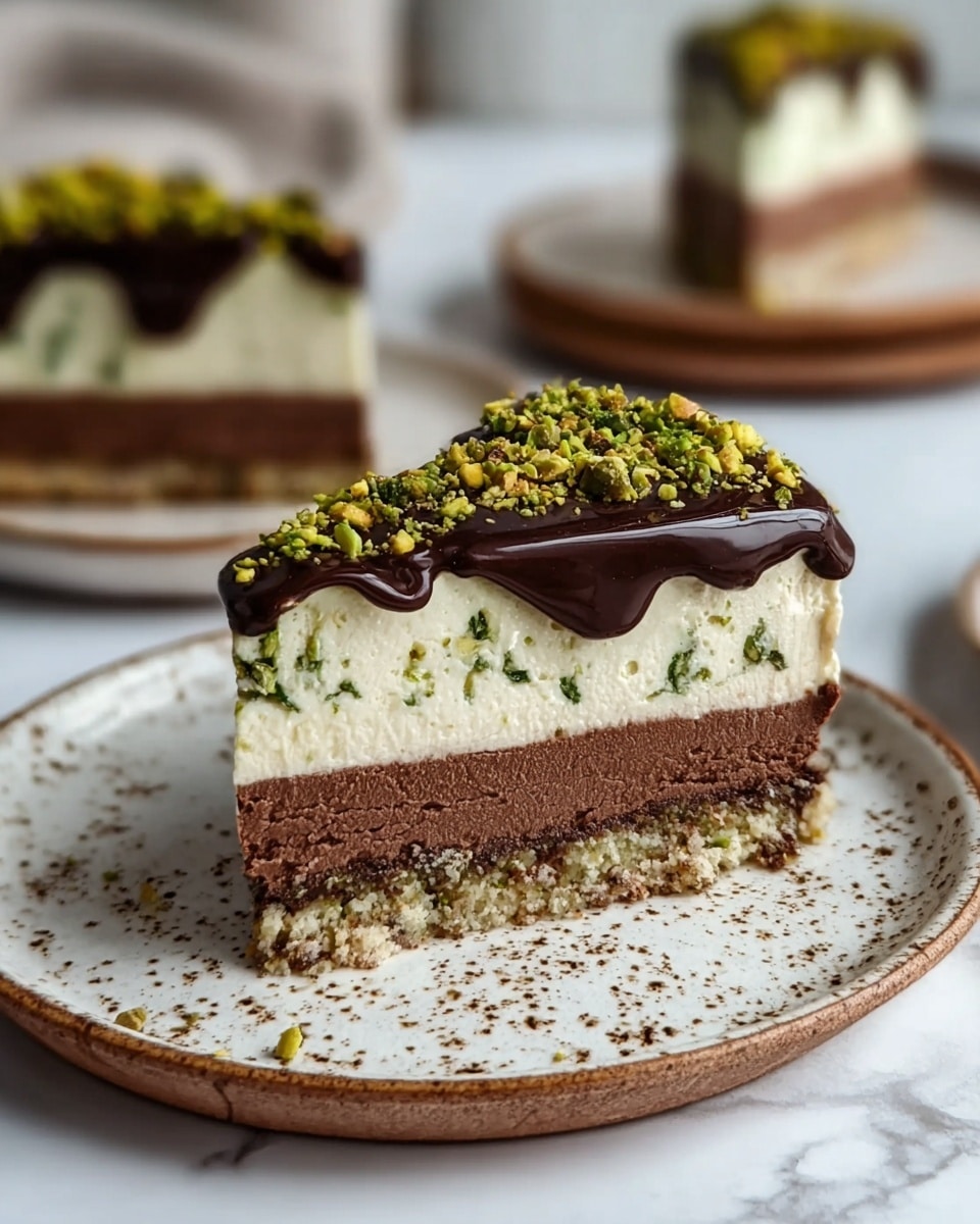 A slice of three-layered cake sits on a white plate with brown speckles, placed on a white marbled surface. The bottom layer is a crumbly, light brown base, followed by a dense, rich chocolate middle layer. The top layer is a creamy white mousse with small green flecks mixed throughout. Covering the mousse is a shiny, dark chocolate ganache that drips slightly down the side, sprinkled generously with crushed, bright green pistachios. In the softly blurred background, additional slices on similar white plates add depth to the image. Photo taken with an iphone --ar 4:5 --v 7