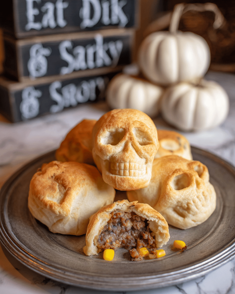 The image shows several skull-shaped pastries with a golden-brown crust, each one having smooth, rounded textures forming the skull's features like eye sockets and nose indentations. One skull pastry in the front has its mouth open, spilling out a mixture of crumbly cooked ground meat, small translucent onion pieces, and light yellow pine nuts onto the plate. The pastries rest on a white plate with a detailed beaded edge, placed on a white marbled surface in soft light. Photo taken with an iphone --ar 4:5 --v 7