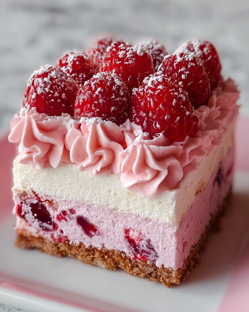 This image shows a close-up slice of a pink layered dessert. The bottom layer is a brown crumbly crust. Above it is a thick pale pink creamy layer with visible red raspberries inside. Next is a thin, pale pink sponge layer. Above the sponge is a thin white creamy layer, topped with decorative soft pink cream swirls. On top of the swirls are bright red raspberries dusted lightly with white powdered sugar. The slice rests on a white plate, set against a white marbled texture background. photo taken with an iphone --ar 4:5 --v 7