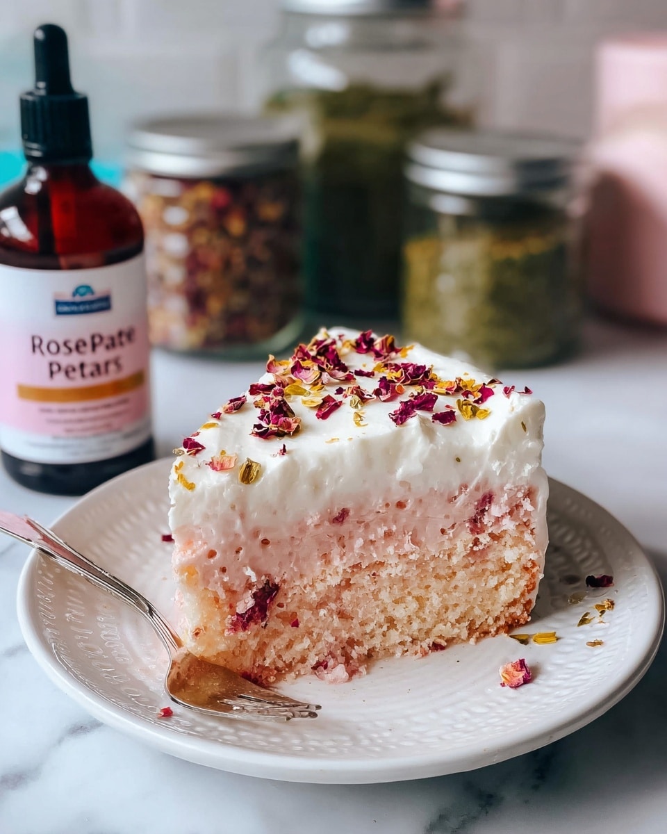 A slice of moist, light pink cake with a soft texture is placed on a white plate with a subtle pattern, sitting on a white marbled surface. The cake has one main layer soaked with a pale pink syrup that slightly seeps into the sponge. It is topped with a thick layer of white cream sprinkled with small red rose petals and tiny bits of yellow zest, adding color and texture. In the background, a bottle labeled