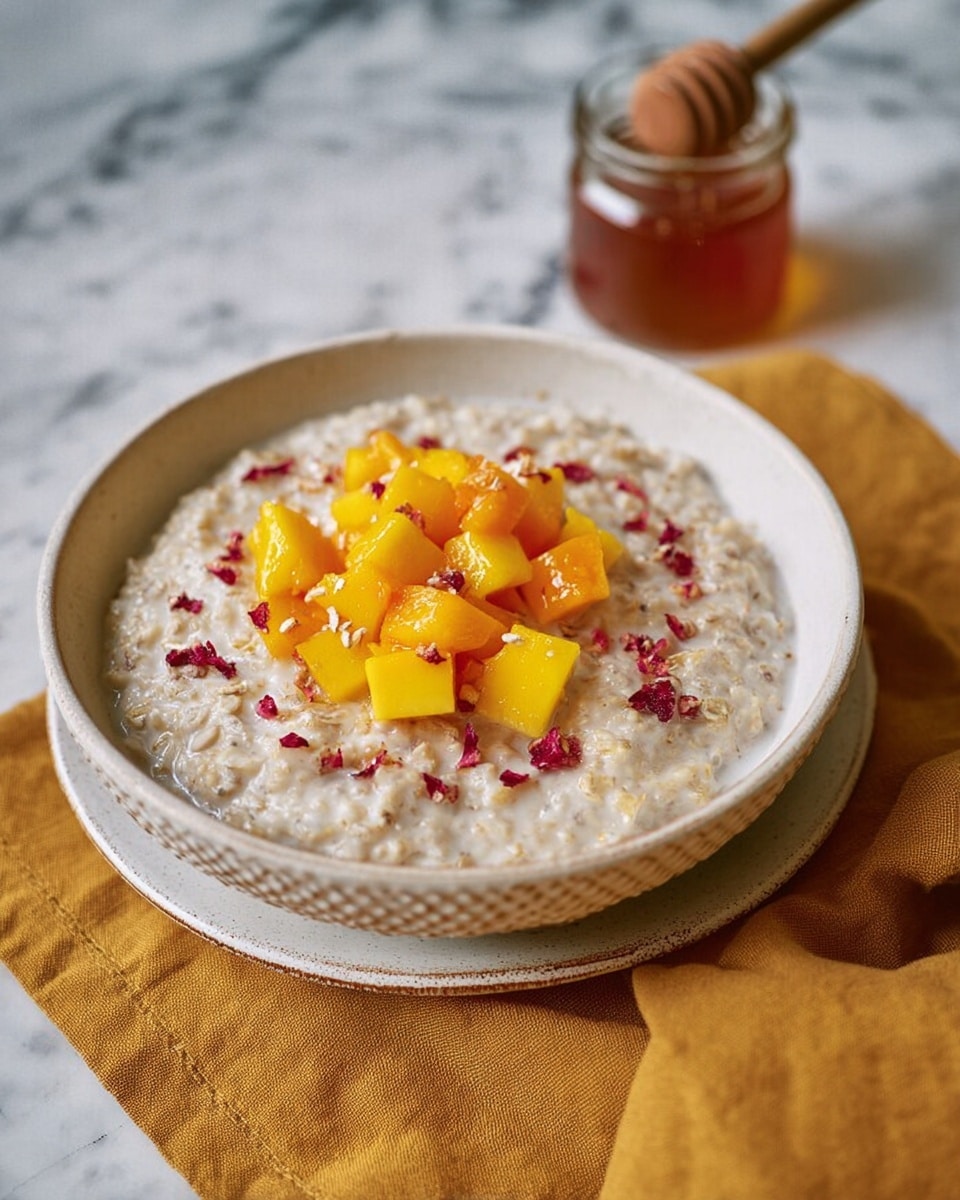 A white bowl with a textured rim holds a creamy, thick oatmeal base that looks soft and slightly lumpy, filling most of the bowl. On top of the oatmeal, there is a small pile of bright yellow mango cubes and orange slices placed centrally, adding a fresh, juicy contrast. Red specks, likely crushed dried berries, are sprinkled around the fruit and oatmeal, giving pops of color. The bowl sits on a mustard-yellow cloth napkin over a white marbled surface. In the background, a small jar of honey with a wooden honey dipper rests blurred out. photo taken with an iphone --ar 4:5 --v 7