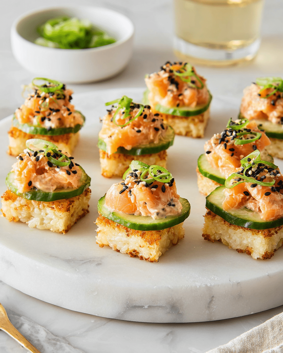 The dish shows a close-up of a small, square piece of crispy, golden-brown rice at the bottom with a slightly crunchy texture. Above the rice, there's a thin layer of fresh green cucumber slice laid flat. On top of the cucumber, there is a creamy mix of small, orange chunks of salmon coated in a light, white sauce. The salmon is garnished with thinly sliced green onions and a sprinkling of black and white sesame seeds. The items are placed on a white marbled surface. photo taken with an iphone --ar 4:5 --v 7