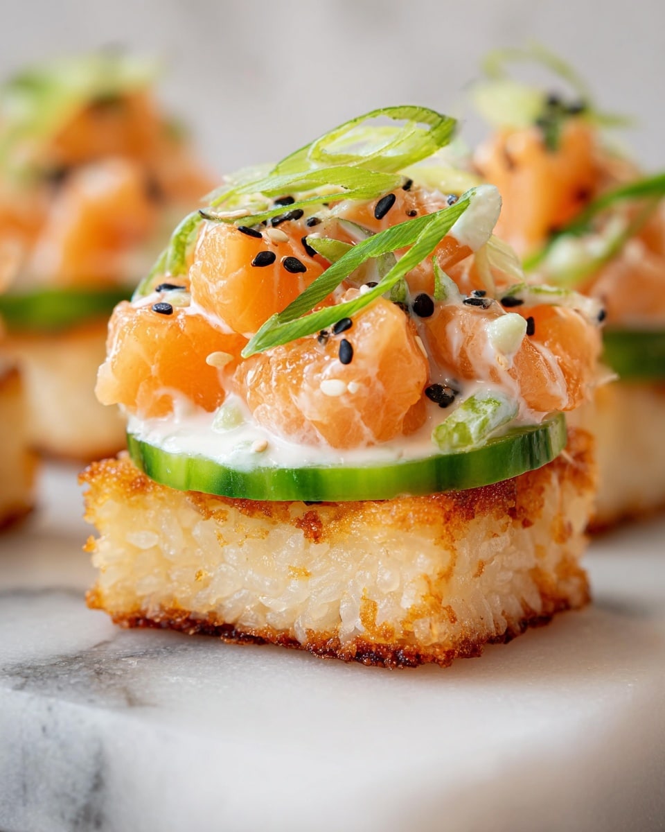 Six small square sushi bites are arranged on a round white marble board. Each bite has three layers: a crispy golden-brown rice base, a thin green cucumber slice in the middle, and a top layer of creamy orange diced salmon mixed with sauce. Black sesame seeds and thinly sliced green onion rings are sprinkled on the salmon topping. In the background, there is a small white bowl of extra green onions and a glass of light-colored drink. The setup is on a white marbled surface. photo taken with an iphone --ar 4:5 --v 7