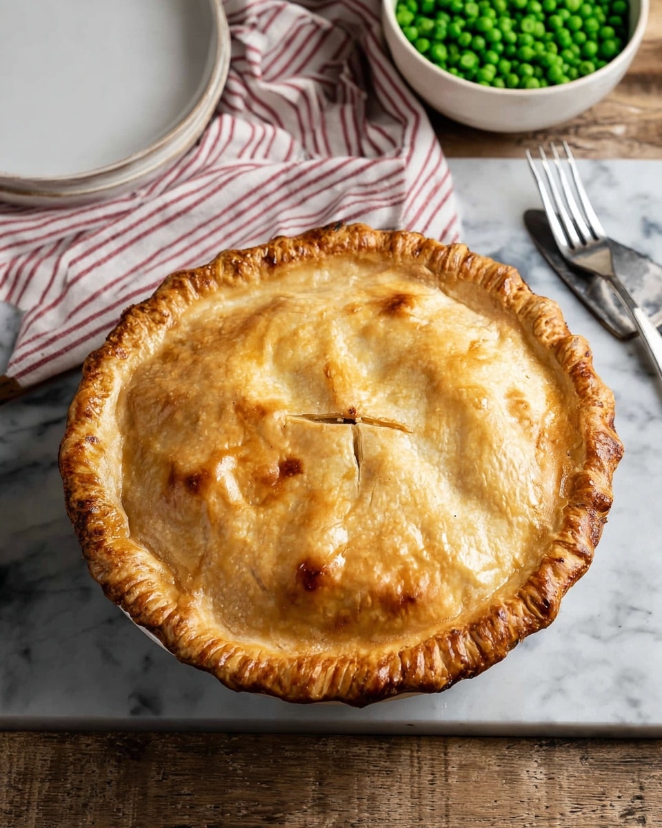 A golden brown pie with a lightly crimped edge and a smooth, shiny crust sits centered on a white marbled surface. The top crust shows a small cross-shaped vent near its center, displaying its flaky texture with some slightly darker browned spots. In the background to the left, there is a white plate partly visible, while on the right, a white bowl filled with bright green peas adds a pop of color. Above the pie, a folded cloth with red and white stripes holds a silver serving spatula and fork. photo taken with an iphone --ar 4:5 --v 7