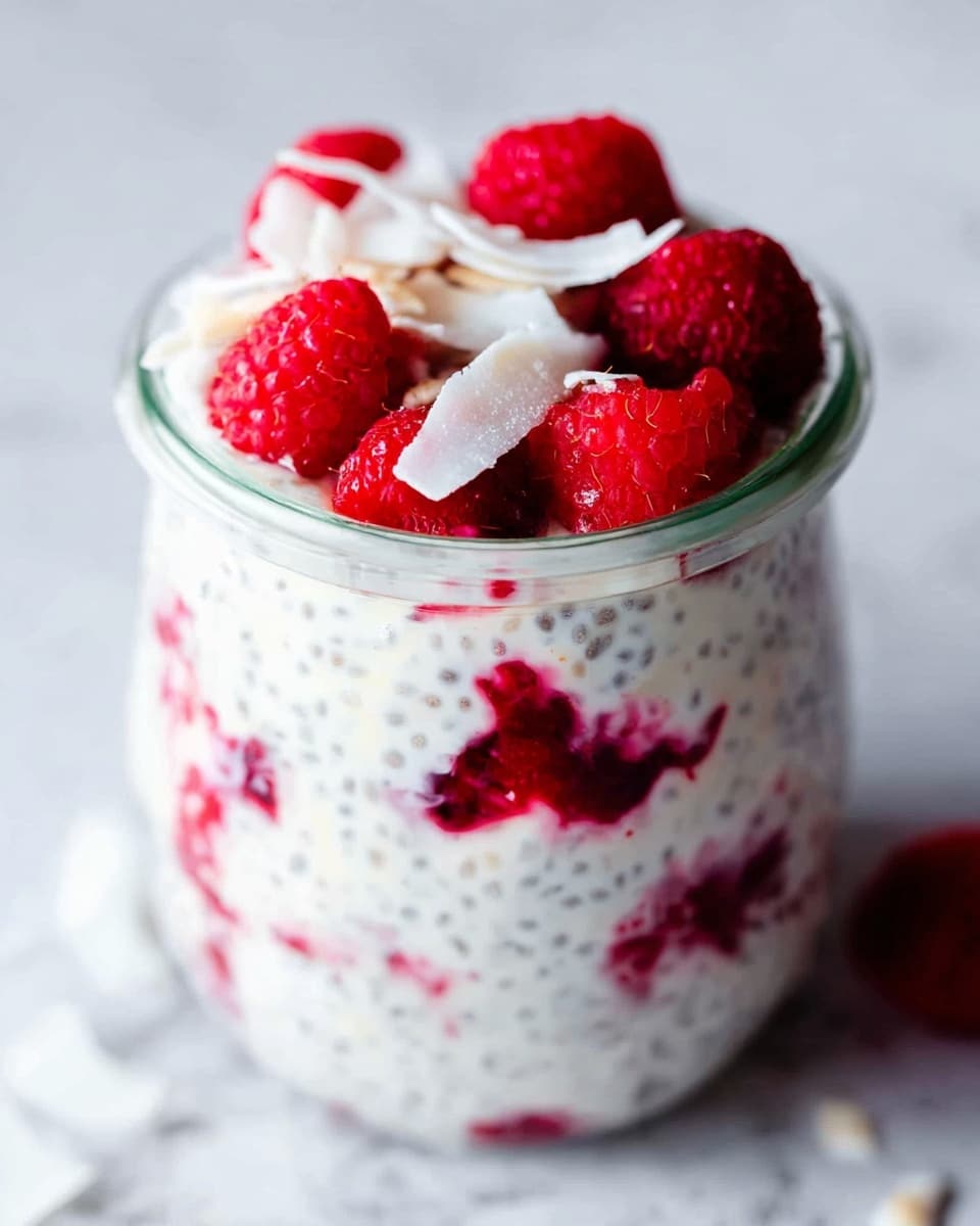 The image shows a close-up of a clear glass jar filled with two visible layers: a creamy white chia pudding mixed with small black chia seeds and bright red raspberry pieces embedded inside. The jar is topped with whole fresh raspberries and white coconut flakes scattered on top. The jar sits on a white marbled texture that softly blurs in the background. The photo captures a fresh and healthy look with vibrant red and white colors dominating the scene. Photo taken with an iphone --ar 4:5 --v 7