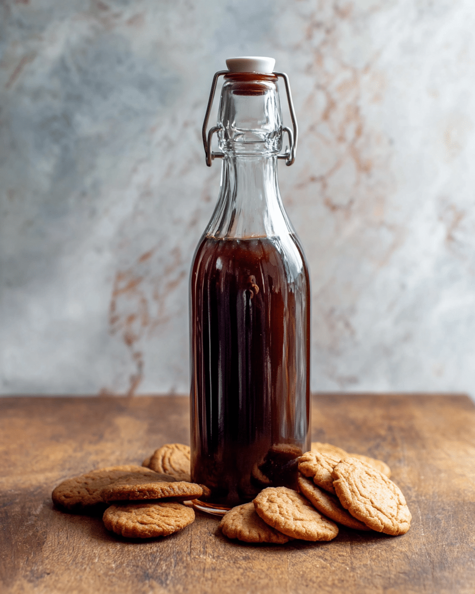 A tall clear glass bottle filled with dark brown liquid stands on a wooden surface, with several round light brown cookies arranged around its base. The bottle has a metal clasp and a maroon and white lid attached near the neck. The background is a soft, white marbled texture. photo taken with an iphone --ar 4:5 --v 7