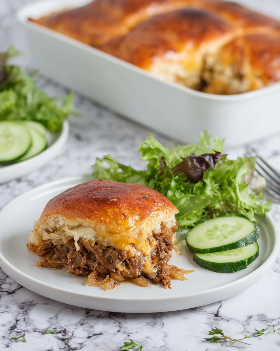 The image shows a white plate with a small sandwich piece made of a golden brown top bread layer that looks soft and shiny, underneath which there is a thick layer of cooked, shredded meat mixed with some melted cheese and bits of sautéed onions. On one side of the sandwich on the plate, there are several fresh green leafy salad leaves, and on the other side, there are three thin slices of cucumber with dark green edges. In the background, there is a white rectangular baking dish with the rest of the sandwich loaf showing the same golden brown bread top and filling, placed on a surface with a white marbled texture. Photo taken with an iphone --ar 4:5 --v 7