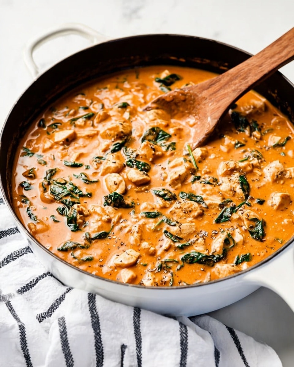 A white casserole pan filled with a creamy orange sauce dish featuring chunks of light-colored cooked chicken and scattered green leafy spinach throughout. A wooden spoon rests inside the pan, partially dipped in the sauce. The pan sits on a surface with a white marbled texture, next to a white cloth with black stripes. The sauce looks thick and smooth, with the chicken pieces evenly mixed within the bright orange base. photo taken with an iphone --ar 4:5 --v 7